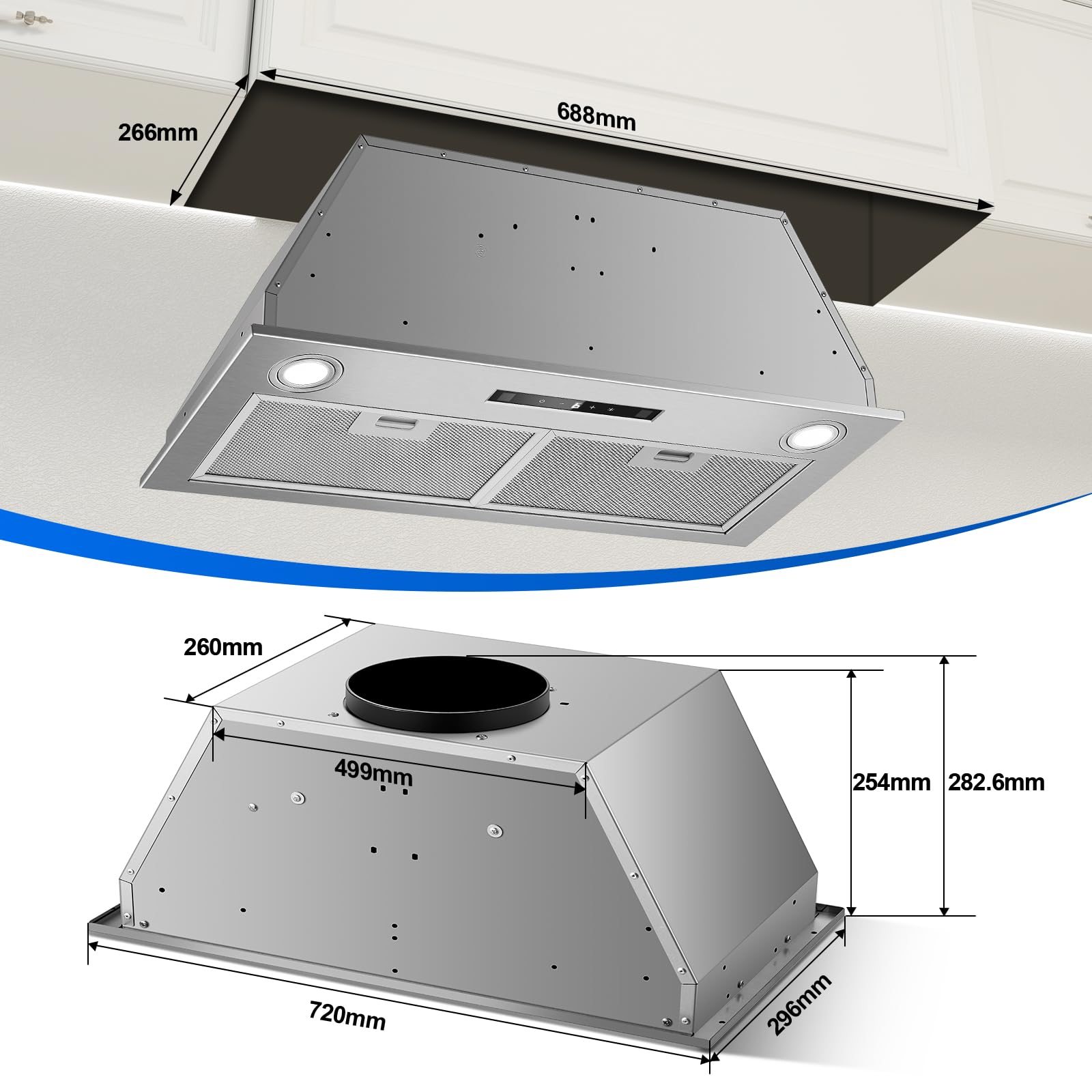Hotte Aspirante 72cm Encastrable, 400m³/h, Hotte Cuisine, 3 Vitesses & Fonction Booster, Gestuelle, Tactile, Éclairage LED, Évacuation & Recyclage d'air avec filtre à charbon et conduit