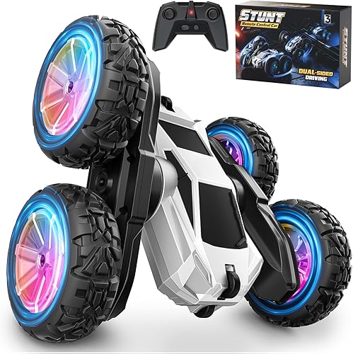 Auto a control remoto, juguetes de autos RC para niños de 6 a 12 años, auto de acrobacias 4WD con luces y rotación de 360, carga USB-C de 2.4 GHz