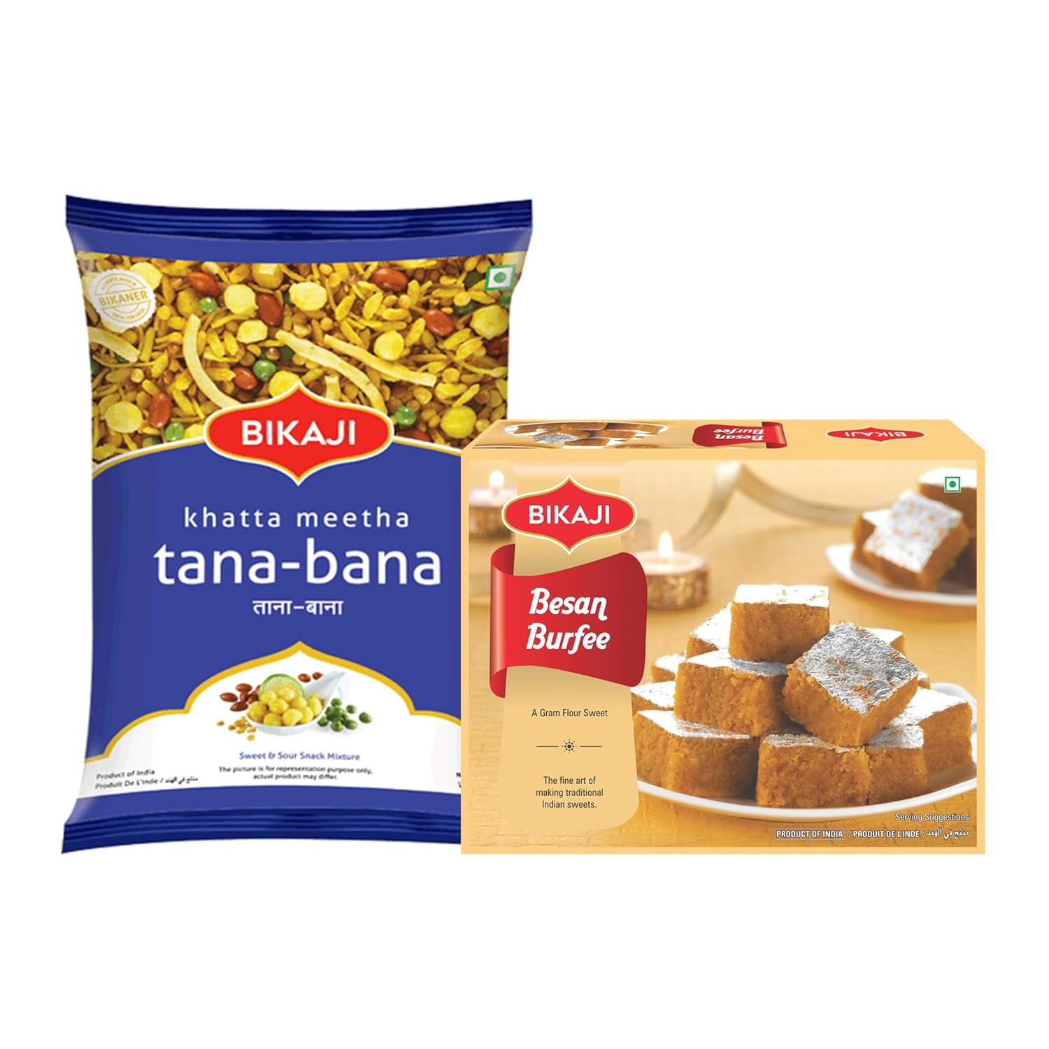 Bikaji Besan Burfi 340G & Tana Bana Khatta Meetha 1Kg Combo | Ready to Eat Crunchy Indian Namkeen | Tea-Time Munchies, Bar Snack & Party Mix | Authentic Bikaneri Snack Pack for Sharing & Everyday Snac