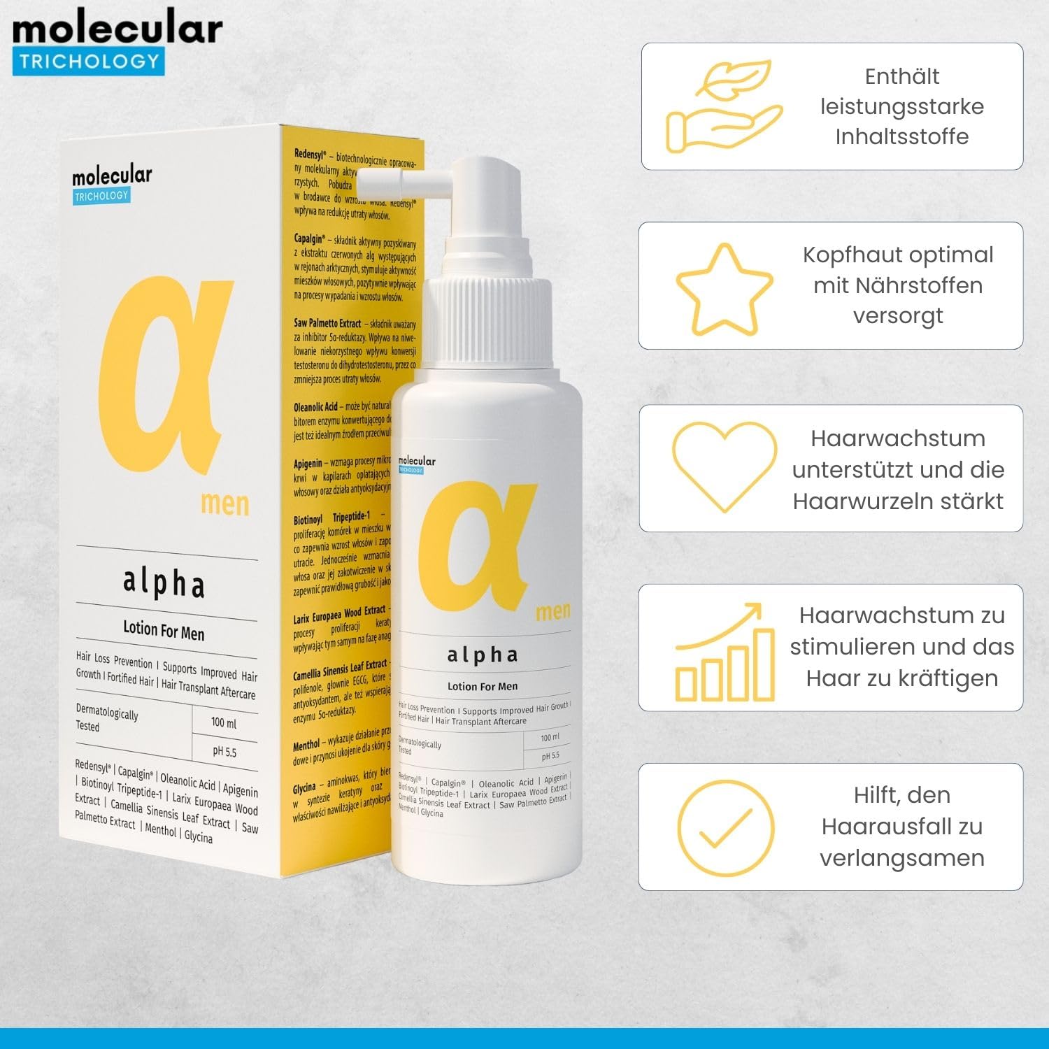 Haarlotion gegen Haarausfall für Herren, 100 ml | Alpha Haartonikum, für Haarwachstum, Trichologische Kopfhautpflege bei Dünner Werdendem Haar, Leave-in-Lotion ohne Ausspülen