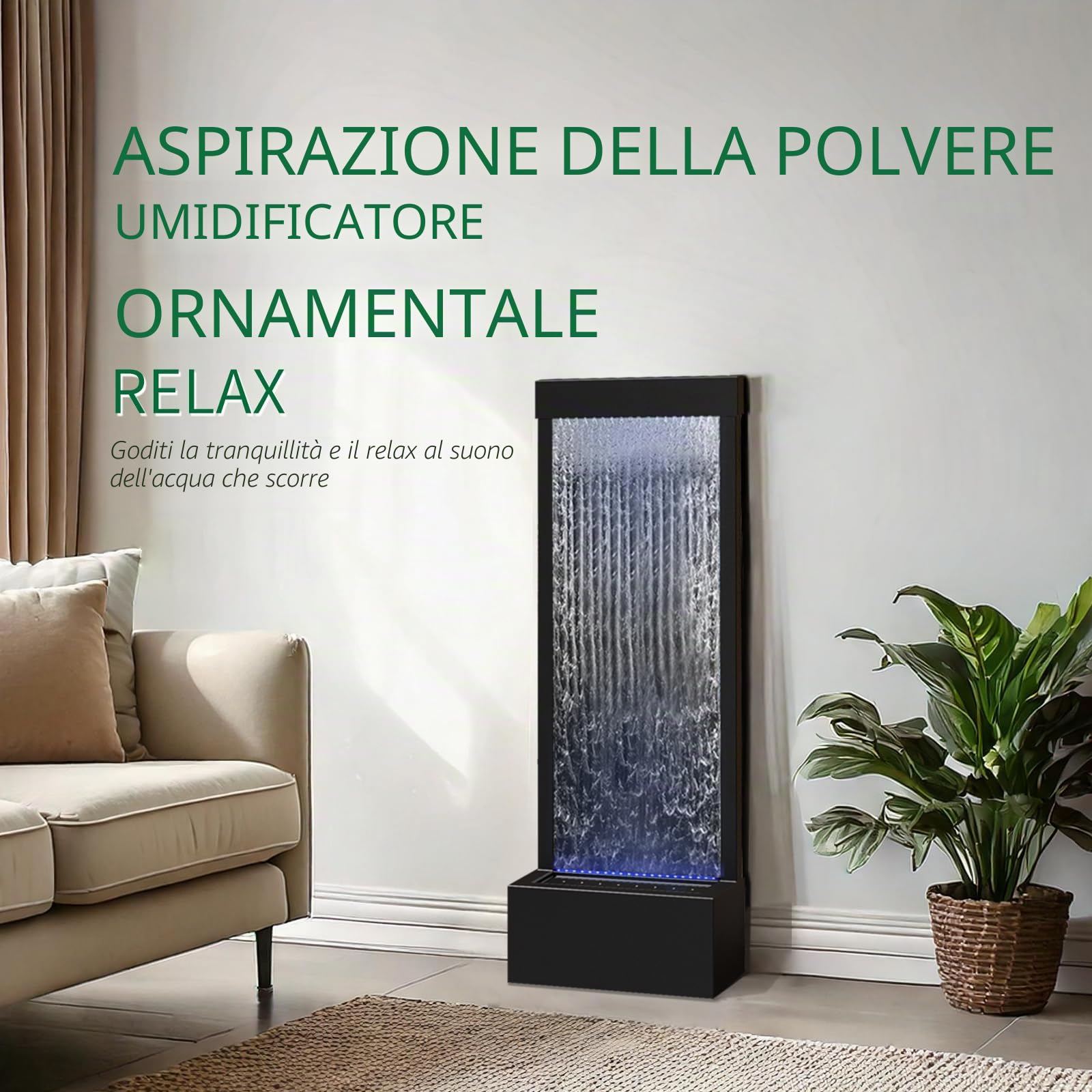 LONGRUN Fontana a cascata a specchio da interno con luce a LED controllata app, pavimento da giardino esterno in piedi, da 48 "Acqua di arredamento per la casa Caratteristica -Nero