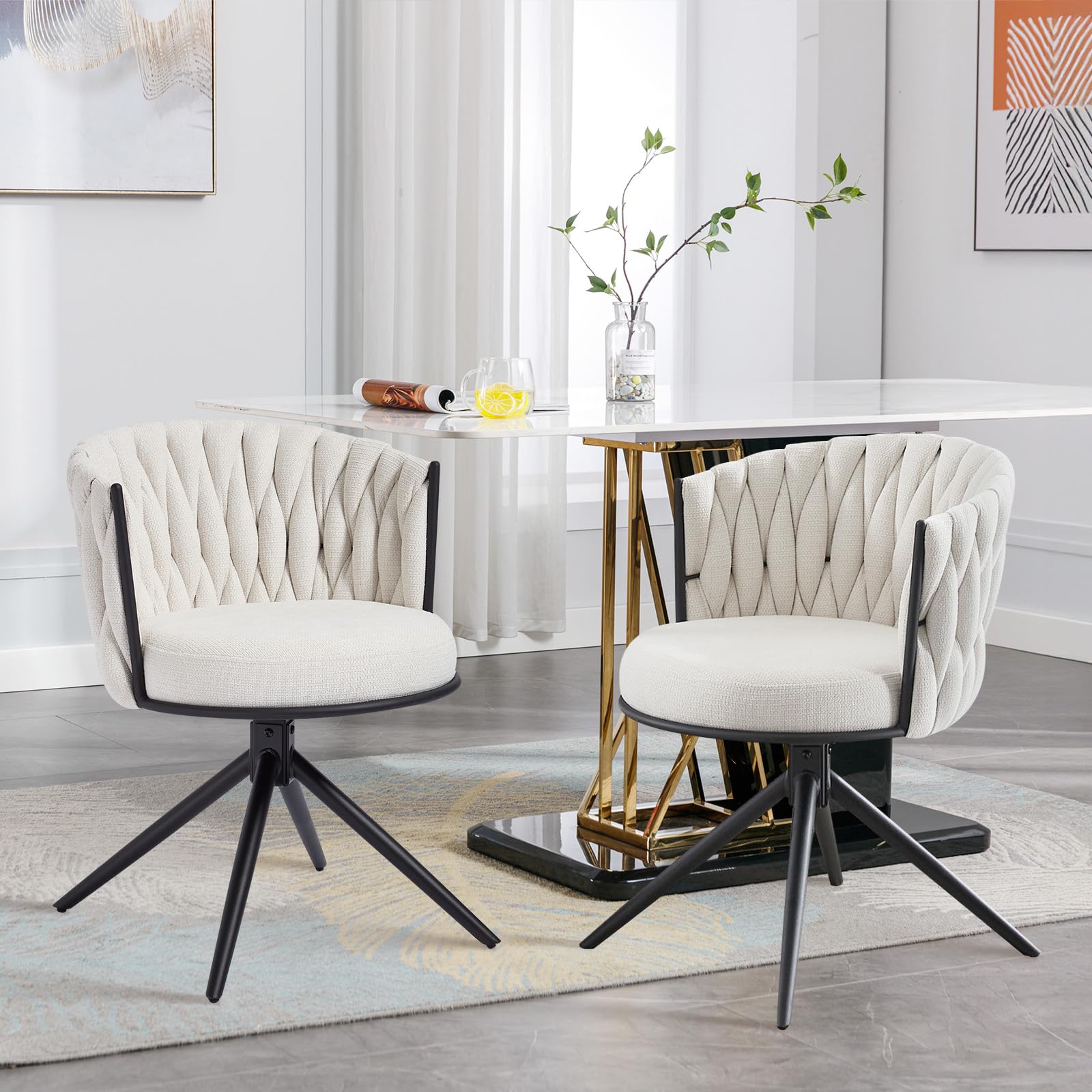 BERYTH Esszimmerstühle drehbar 6er Set Stoff Küchenstuhl Moderne Polsterstuhl Metallbeine Drehstuhl mit Armlehnen Rückenlehne für Esszimmer Küche Wohnzimmer Beige