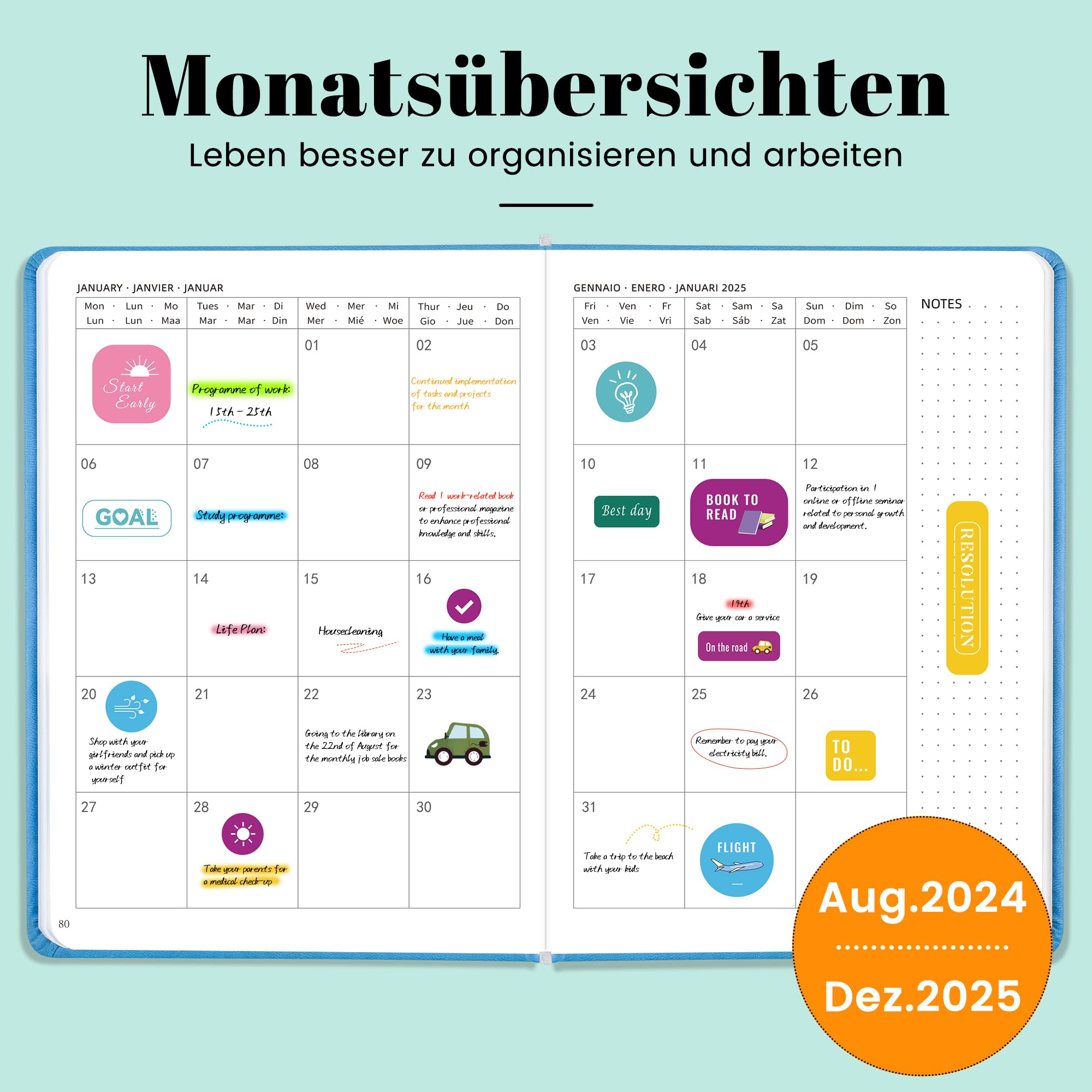 Jokisa Agenda 2025, Agenda Giornaliera Con Passante per Penna, Chiusura Elastica e Adesivi, Agenda Settimanale Intervalli di 30 Minuti, Ago.2024-Dic.2025 (22 x16 cm)