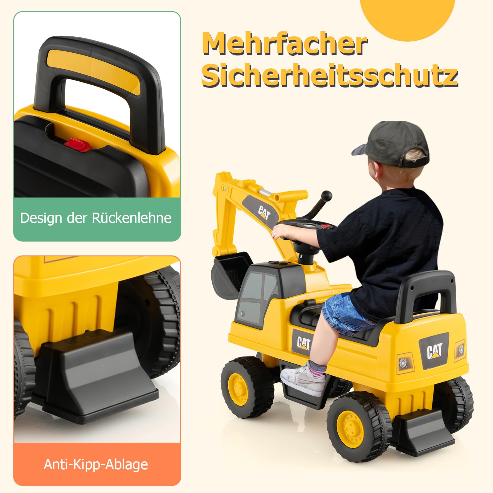 DREAMADE Sitzbagger, Bagger mit Lenkbarer Schaufel & Hupe, Rutschauto mit Stauraum unter Sitz, Aufsitzbagger mit Anti-Rutsch-Rädern & Anti-Rollover-Vorrichtung für 1-3 Jahre (Bagger)