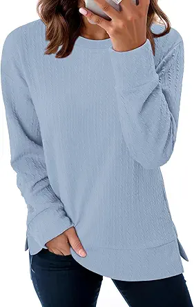 ONLYSHE Womens Shirts Long Sleeve Crewneck Tunic Tops Casual Lightweight Knit Solid Color Sweatshirts Trendy Blouse Basic Tee