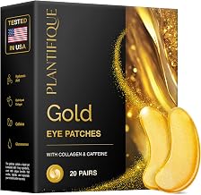 PLANTIFIQUE 24K Gold Under Eye Gel Patches - Dermatologist Tested - 20 Pairs Collagen & Hyaluronic Acid Eye Masks for Dark Circles, Bags & Puffiness