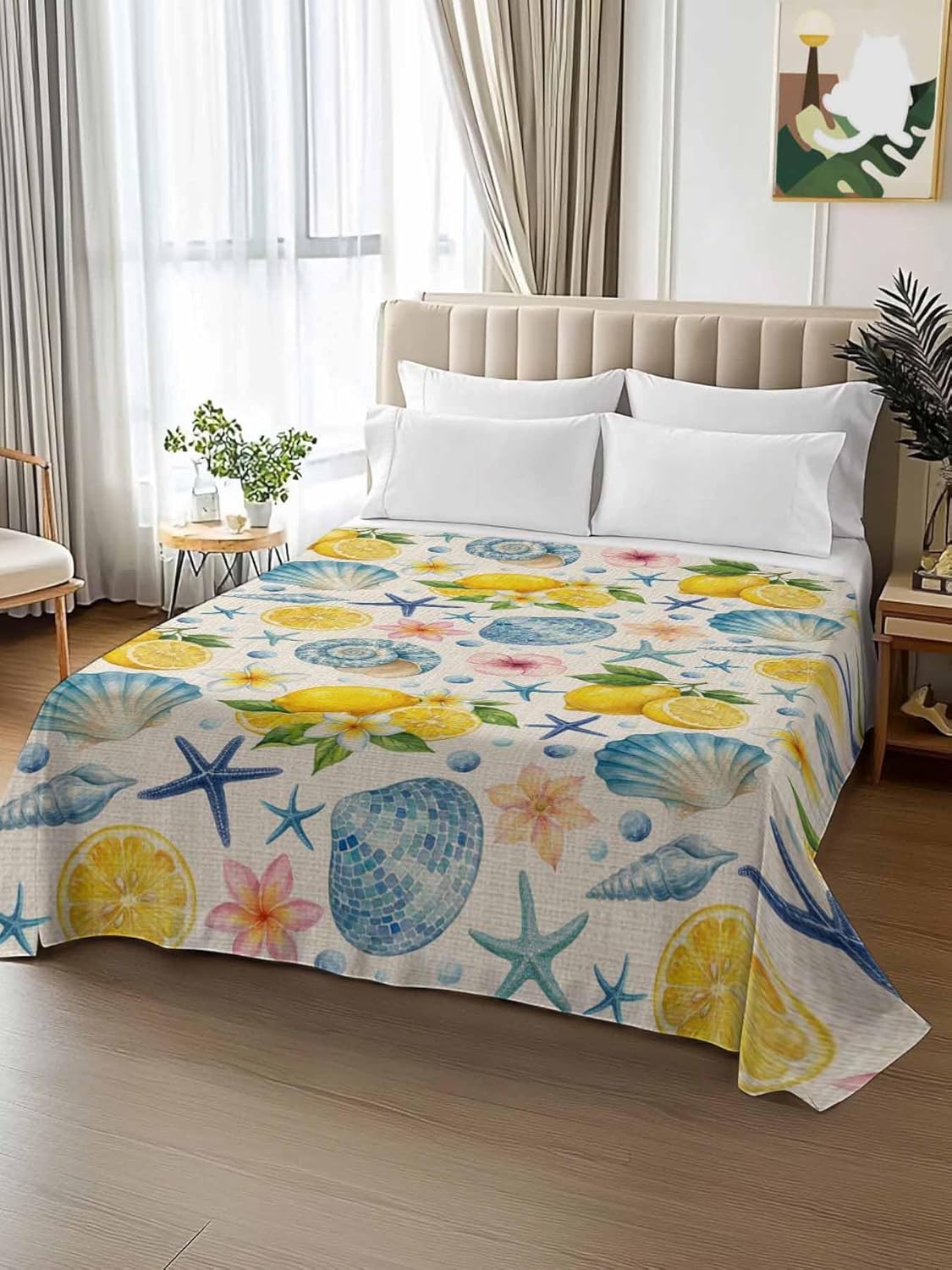 Top Sheet Full Bedding Flat Sheet Only, Summer Sea Stars Flowers Microfiber Bed Sheets Soft Breathable Bedding Flat Sheets, Lemons on Linen Hotel Luxury Top Sheets