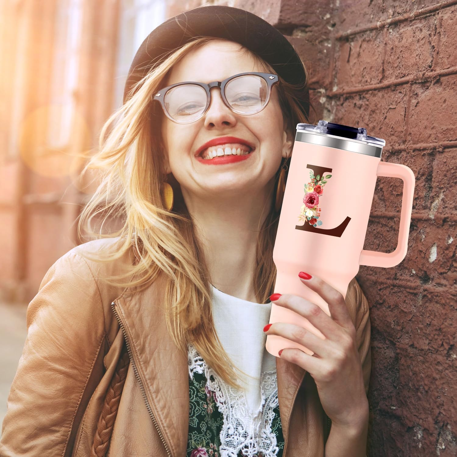 Monogrammed 40oz Tumbler with Handle for Women, Personalized Birthday Gifts for Women,Initial Cups for Woman Floral Letter L,Customized Gifts for Female Lady Gift for Mothers Day Christmas - Image 5