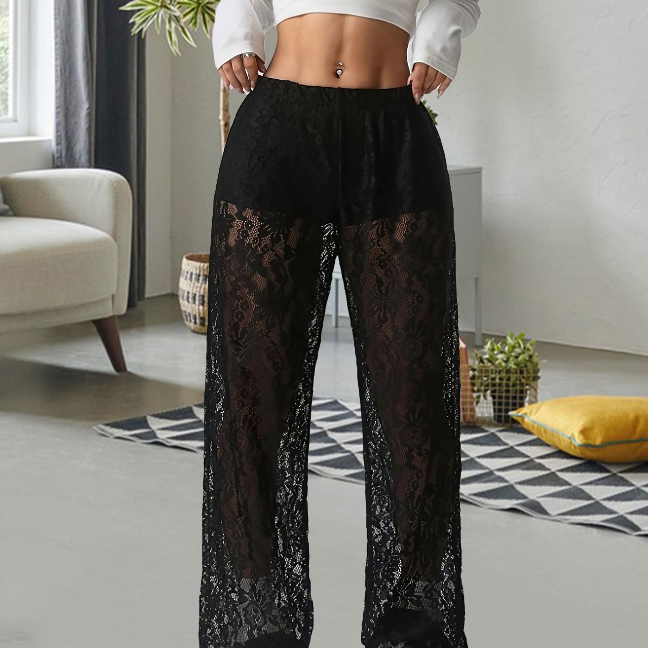 Donna Y2K Pantaloni Trasparenti Ricamati con Vita Alta e Gamba Dritta Elastico in Vita Pantaloni Mesh Street Rave per Discoteca, Clubbing, Festa, Nero, M