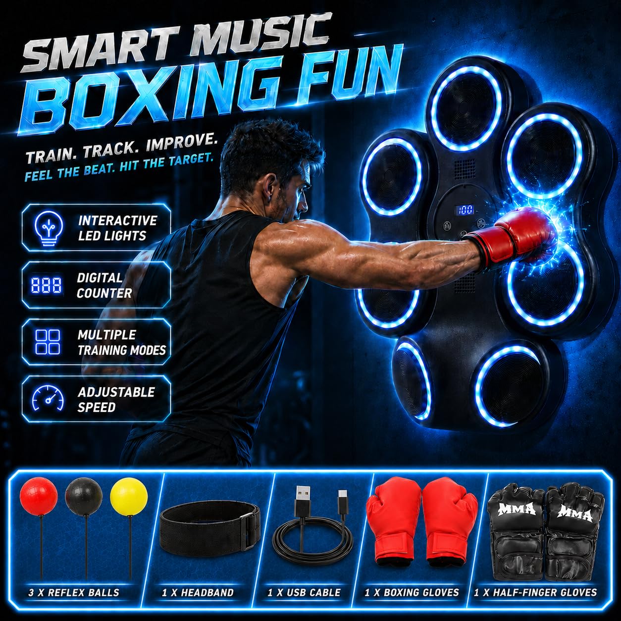 Entrenador de boxeo inteligente para montaje en pared, 7 objetivos electrónicos con gancho izquierdo+derecho, 11 modos y 9 velocidades, música Bluetooth y LED, máquina de boxeo para adultos y niños