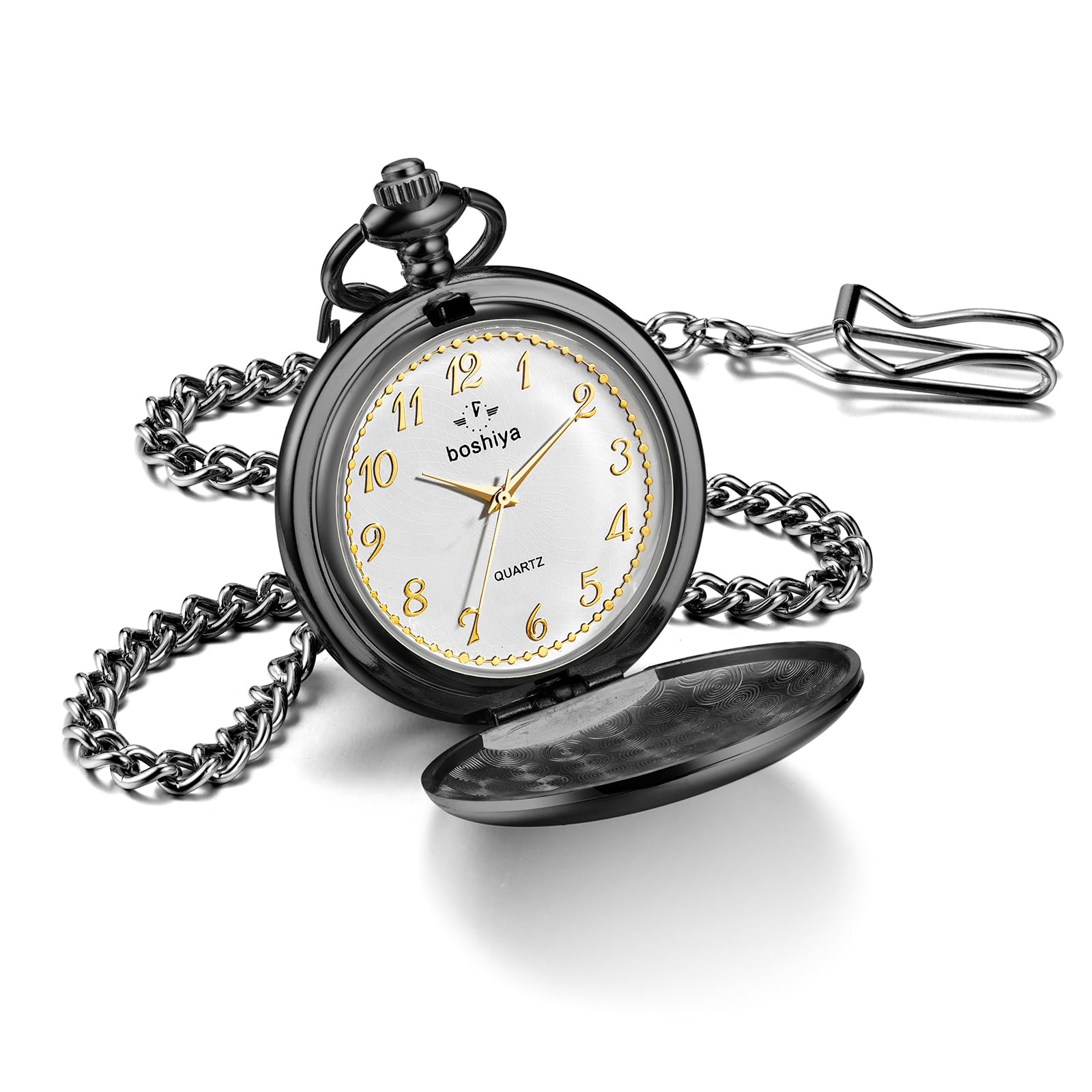 BOSHIYA Smooth Black Pocket Watches for Men Quartz Arabic Digital Dial, Classic Vintage Mens Womens Pocket Watch with Chain Christmas Graduation Birthday Gifts Fathers Day