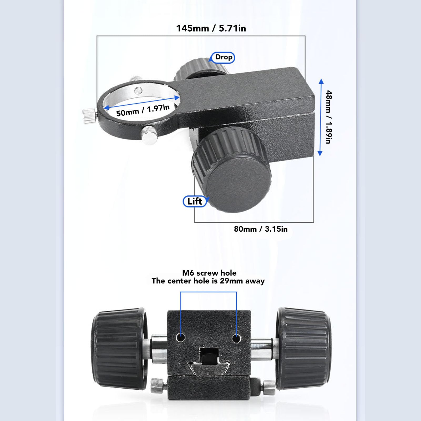 Microscope Focusing Bracket 50mm Aluminum Alloy Stereo Microscope Head Holder with Special Wrench for 50mm Pillar Arm