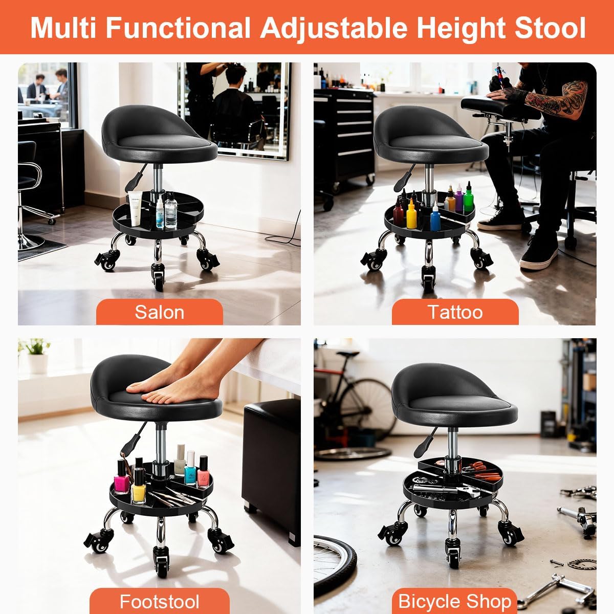 JOSTZHXIN Garage Mechanic Stool Chair Rolling Shop Chair, Height Adjustable Garage Shop Seat, Low Stools with Storage Tray, Rolling Stool for Salon SPA Tattoo (Style 2)