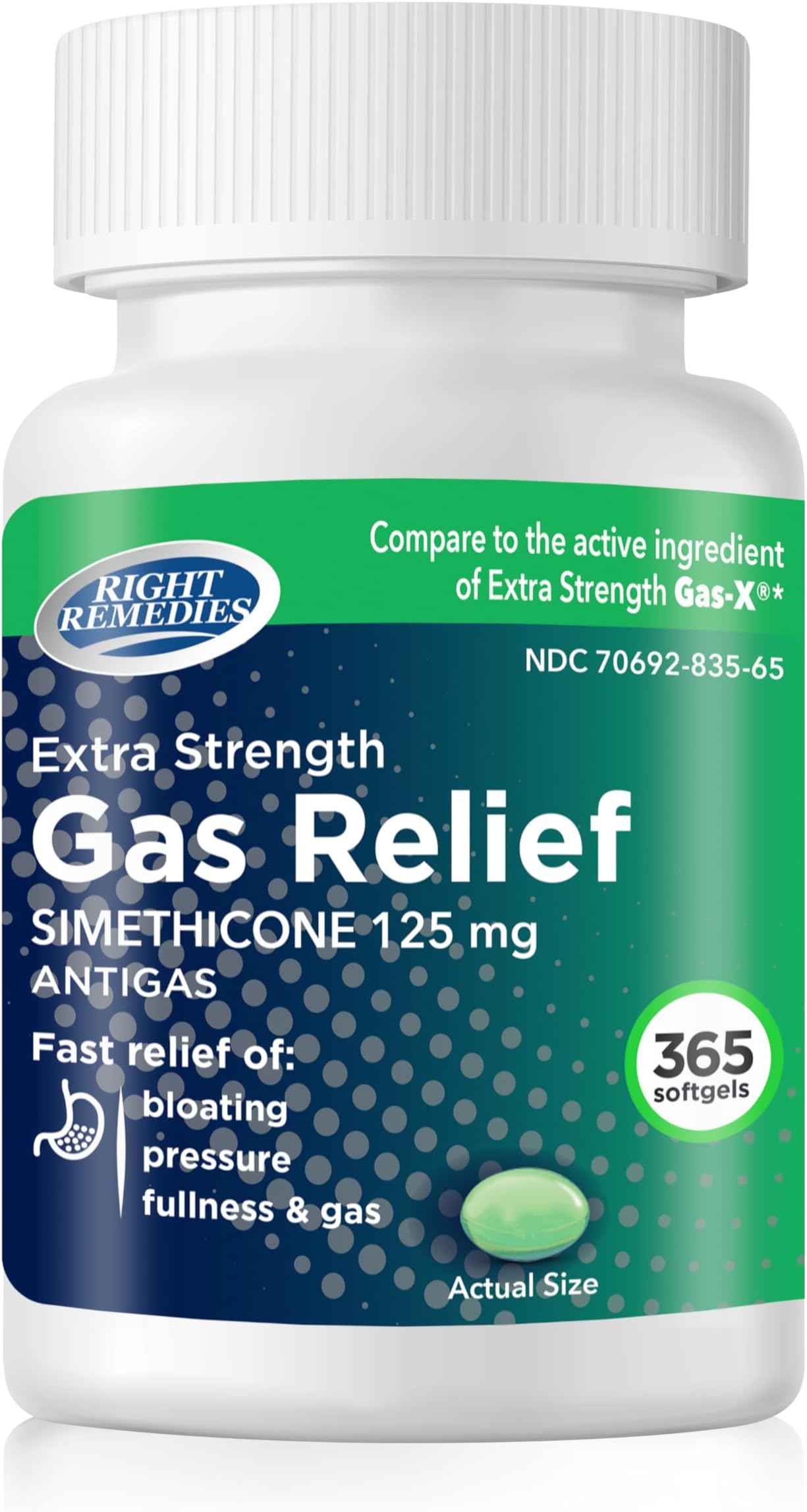 RIGHT REMEDIES Gas Relief Extra Strength, 125mg Simethicone (365 Softgels), Fast Relief from Gas, Bloating, Fullness, Painful discomfort, Compare to Gas-X Extra Strength Active Ingredient