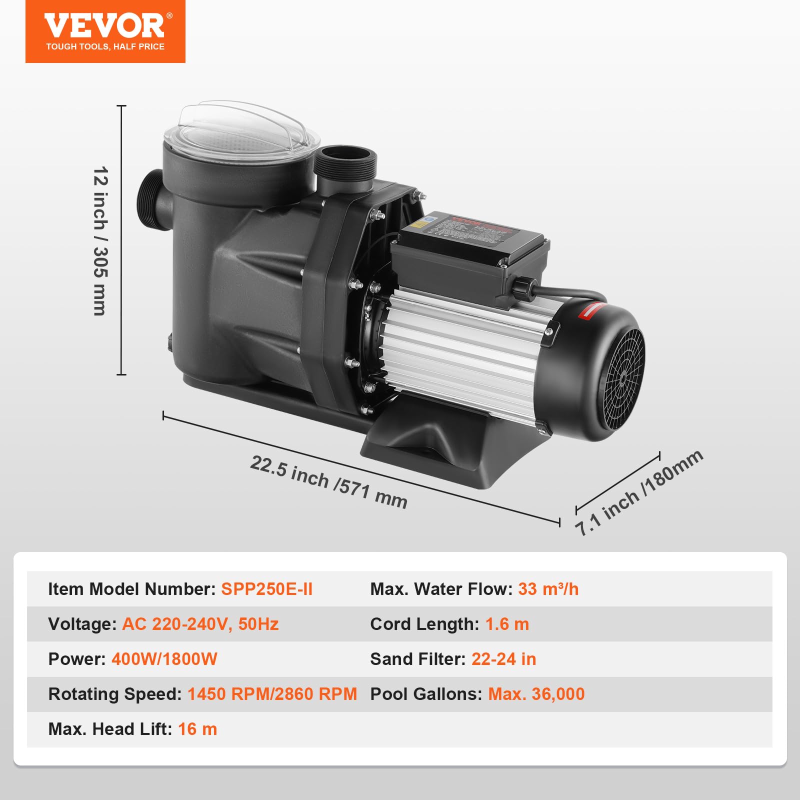 VEVOR Pompa do basenu naziemnego, 220 V 240 V podwójna prędkość 1450/2860 obr./min 1800 W 33000 l/h maks. wydajna pompa, energooszczędna pompa basenowa do basenu na zewnątrz