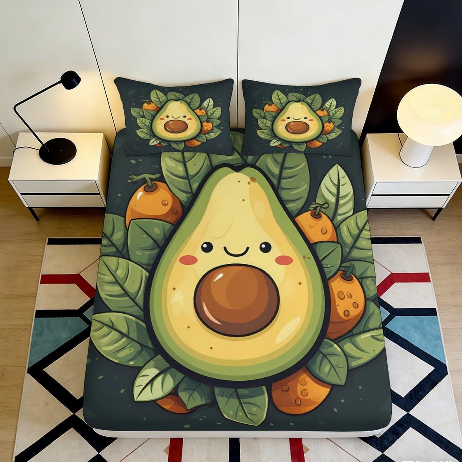 3D Printed Cute Avocado Fitted Sheet Microfiber Soft Bedroom Fruits Mattress Cover Decor for Adults Teens 90x200x25cm