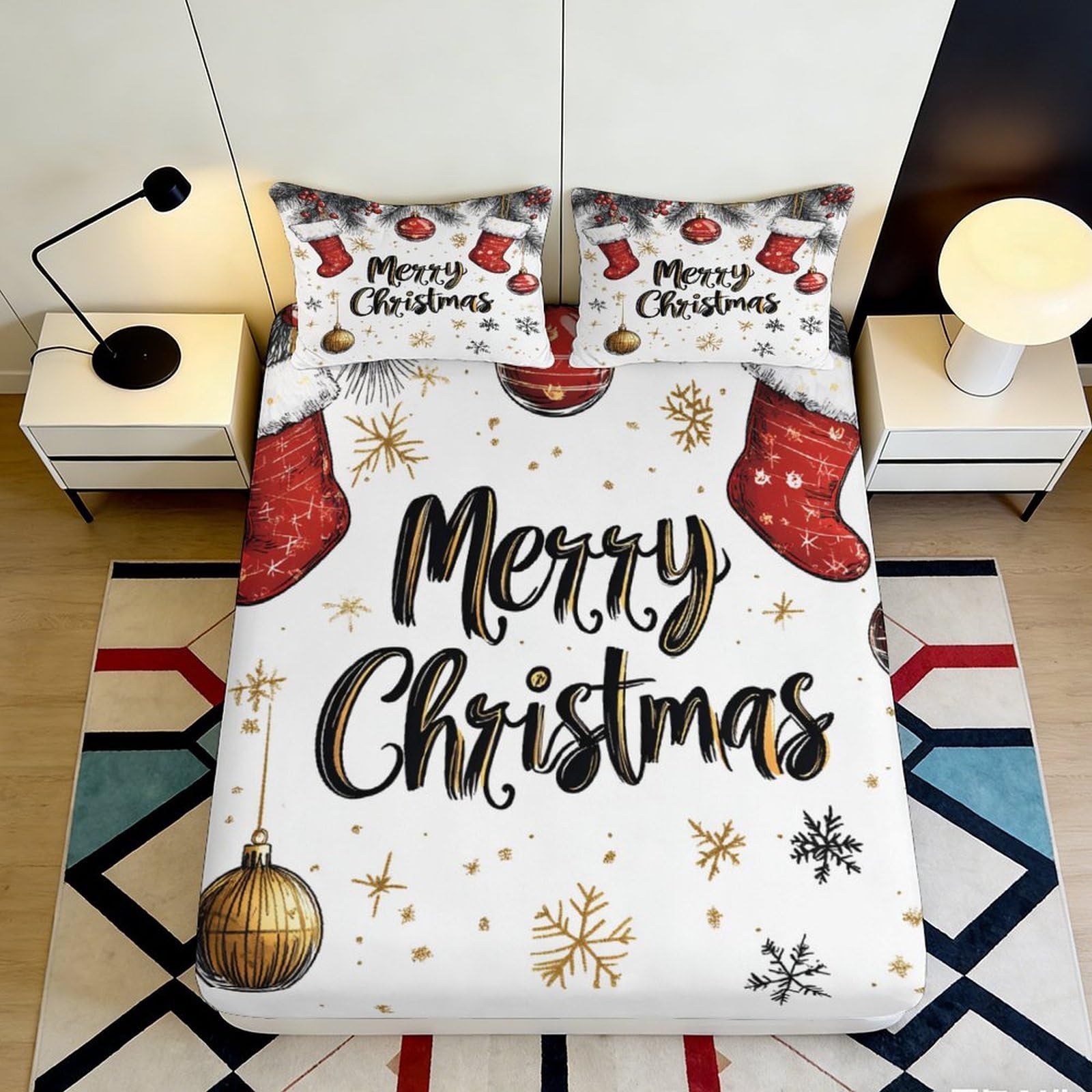 3D Printed Christmas Fitted Sheet Microfiber Deep Pocket Non-Slip for Bedroom Bedding Xmas Mattress Fitted Cover All Ages 140x200x25cm
