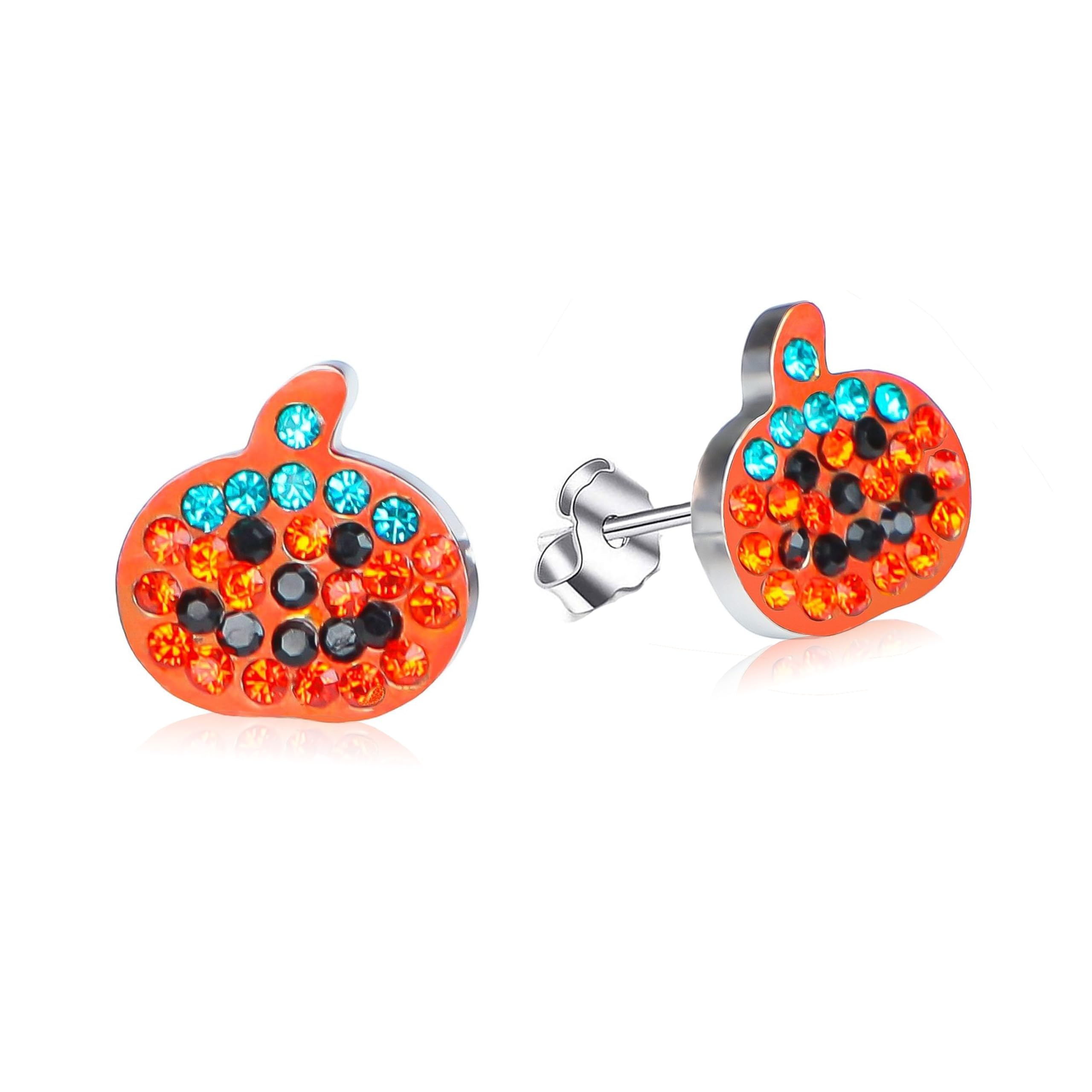 RivertreePumpkin Stud Earrings Small for Girls Women Kids Hypoallergenic Stainless Steel Cute CZ Crystal Encrusted Fun Smiling Face Costume Party Fall Halloween Thanksgiving Day Gifts