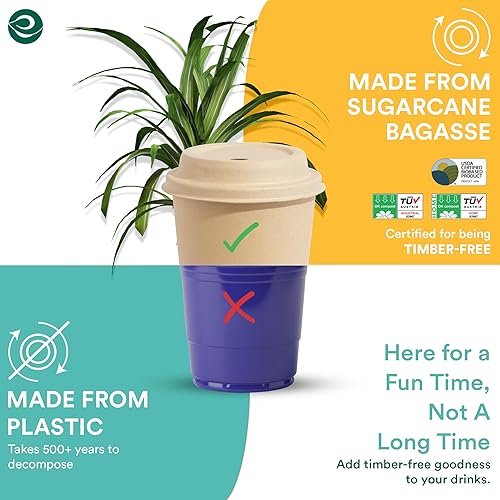 Miniatura 7 de ECO SOUL Tazas de café 100 % compostables con tapas y fundas – 12 onzas (50 unidades) para llevar, tazas de bagazo desechables | Tazas resistentes y