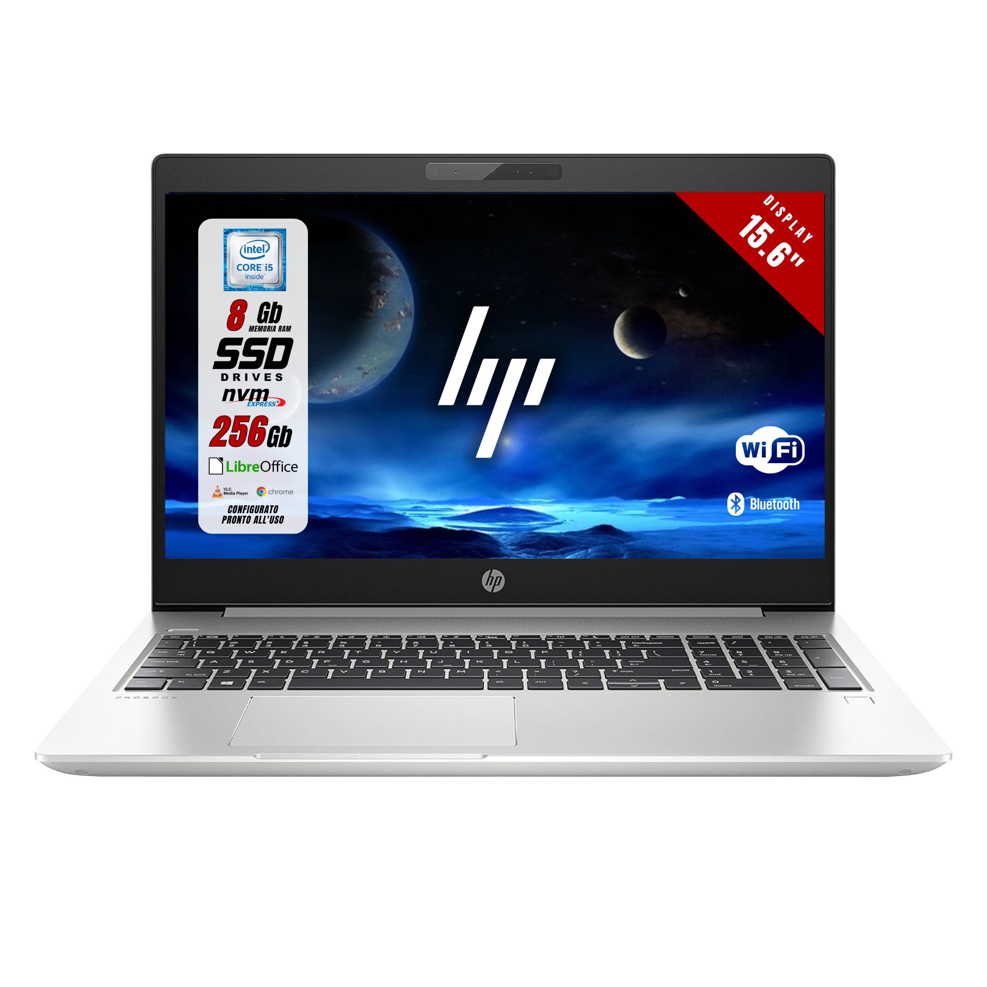 HP ProBook 450 G6 - Pc Portatile Notebook 15,6" - Intel Core i5-8265U- Ram 8GB, SSD 256 GB, Tastiera QWERTY, Win11 Pro Pornto All'uso (Ricondizionato)