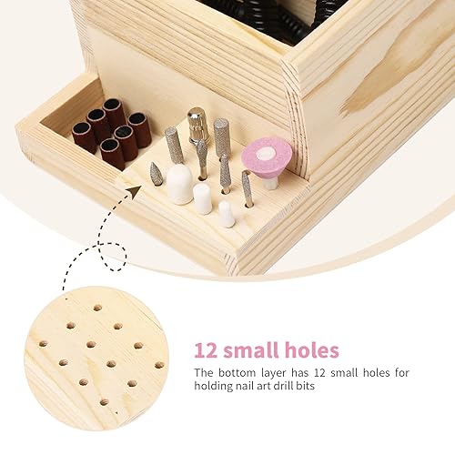 Miniatura 2 de Máquina de taladro de uñas de madera y caja de almacenamiento de brocas (grande), organizador ecológico duradero para herramientas de manicura,
