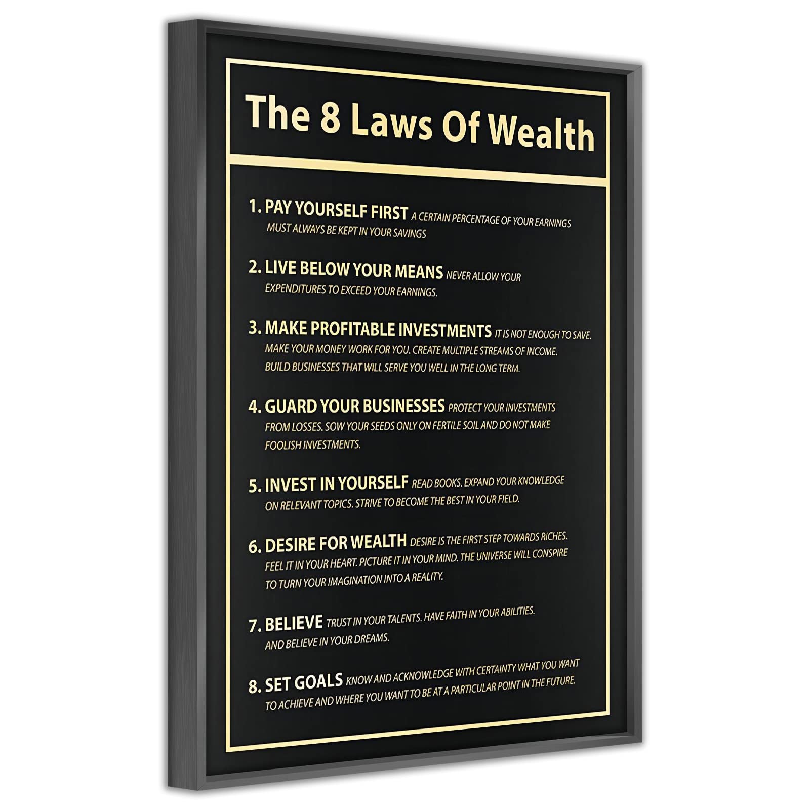 8 Laws of Wealth Money Motivational Canvas Print Investor Wall Art Finance Invest Poster, Business Investing Goals Sign, Millionaire Quote, Office Canvas Wall Decor Aluminum Frame (12x16inch,Black)