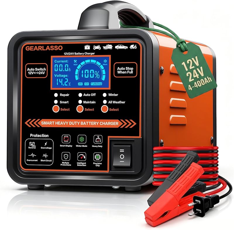 Carregador de Bateria Automotiva GEARLASSO 12 V e 24 V com Manutenção Automática, Modo de Reparo e Inverno