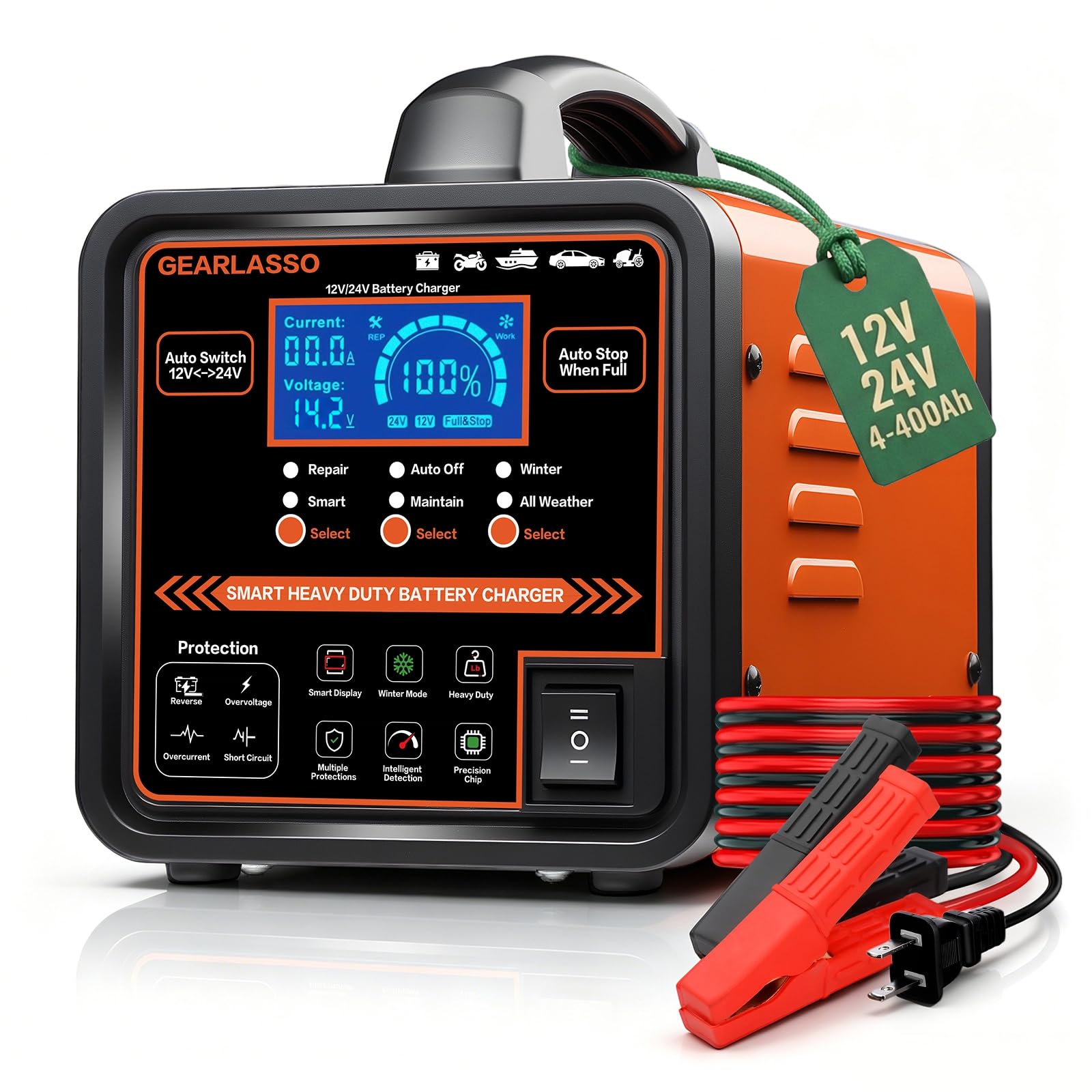 Caricabatterie per auto da 12 V 24 V, resistente, manutenzione automatica della batteria 0-15 A, caricabatterie intelligente con spegnimento automatico, riparazione, modalità invernale, per