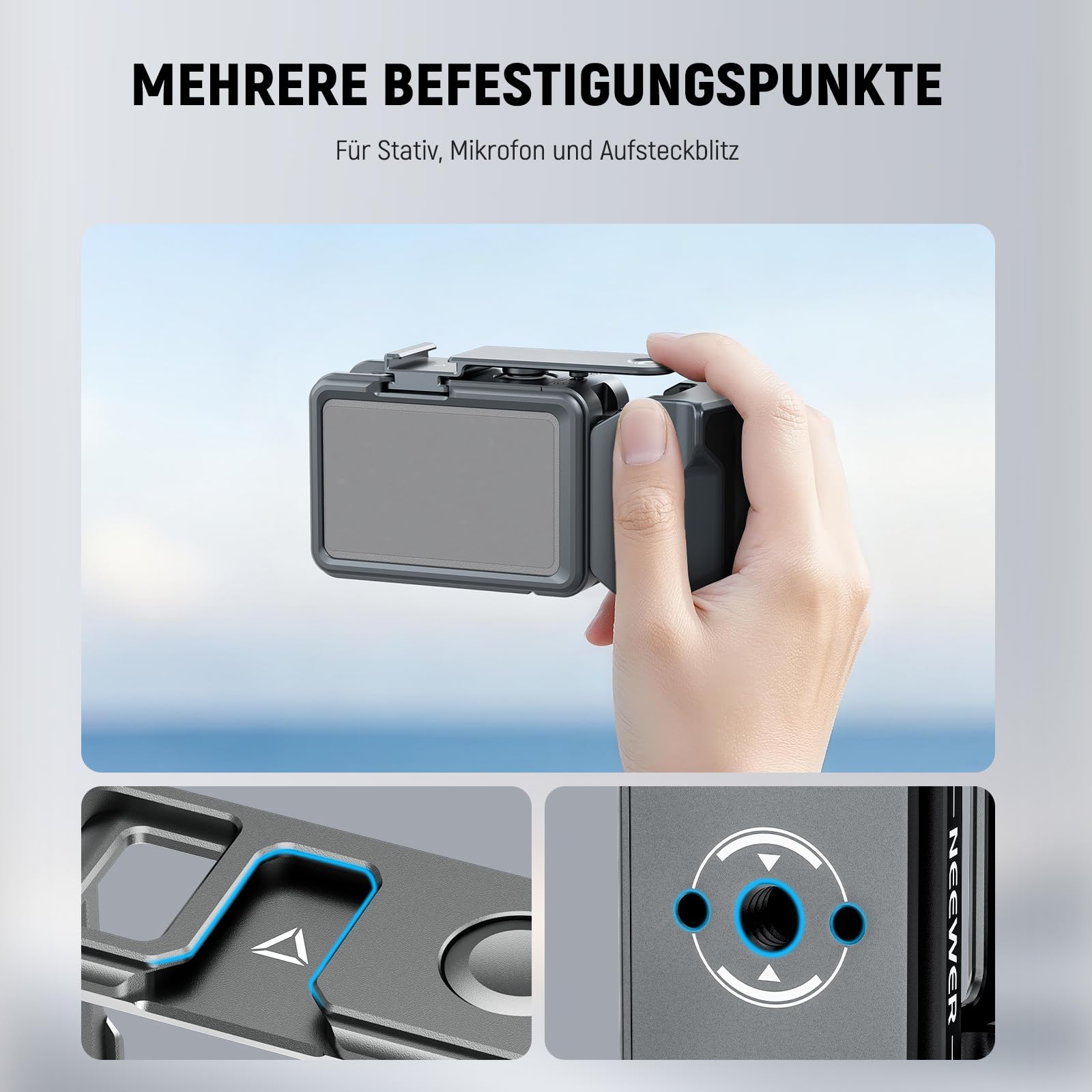 NEEWER Cage und Side Handle Set kompatibel mit DJI Osmo Action 5 Pro / 4/3, Schutzvorrichtung aus Metall mit magnetischer Adapterhalterung, Cold Shoe Shutter Extender Bar, dunkelgrau, AC014+AC034