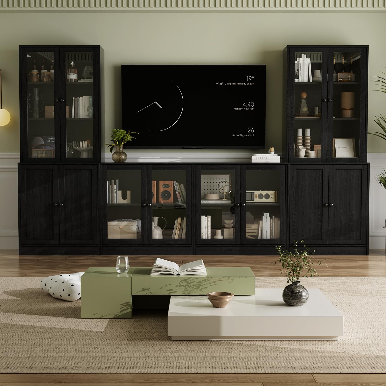 VOWNER Grand Meuble TV Bibliothèque pour Télé jusqu'à 70", 280x180.3x40cm Meuble TV Suspendu avec Portes en Verre et Étagères, Meuble Télé Bois pour Salon, 2B+2D (Noir)