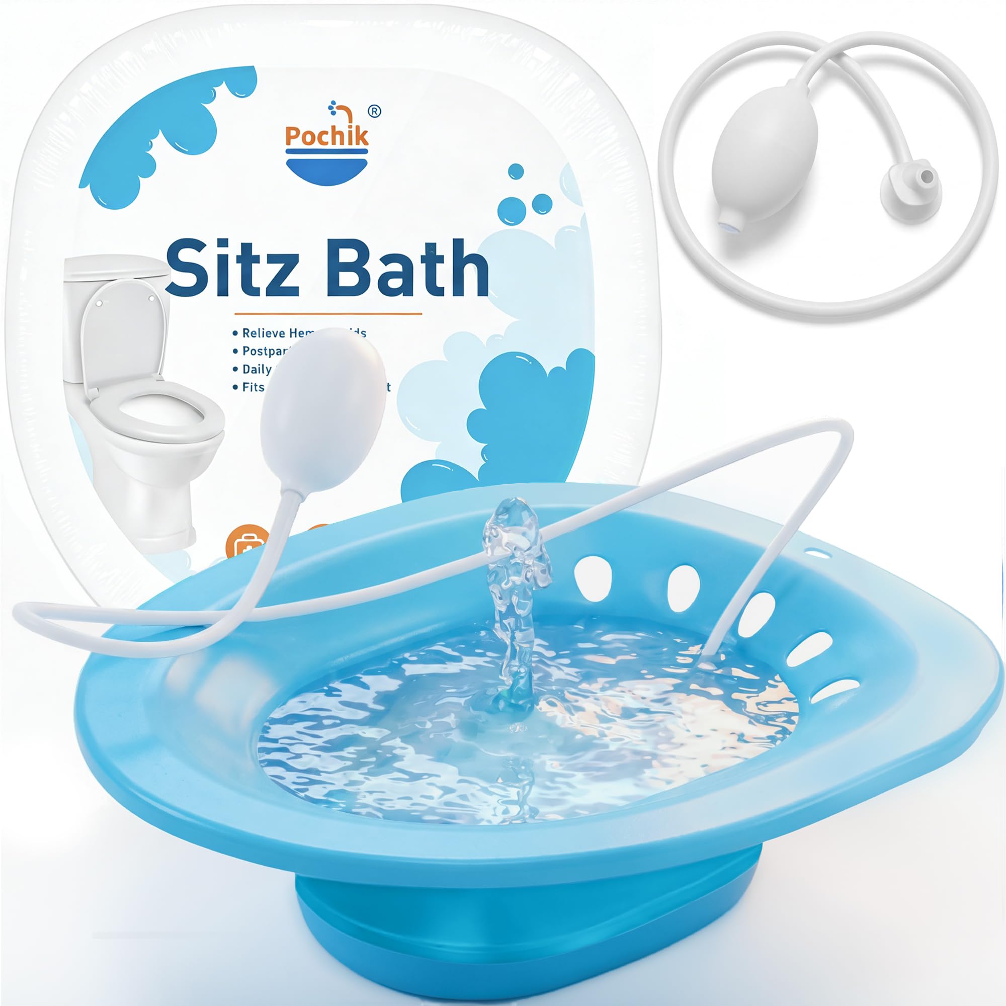 Pochik Sitz - Baño para asiento de inodoro con hemorroides y cuidado posparto, asiento de vapor Yoni, remojo perineal, plegable, manguera de lavado, agujeros de drenaje, zona de asiento más amplia