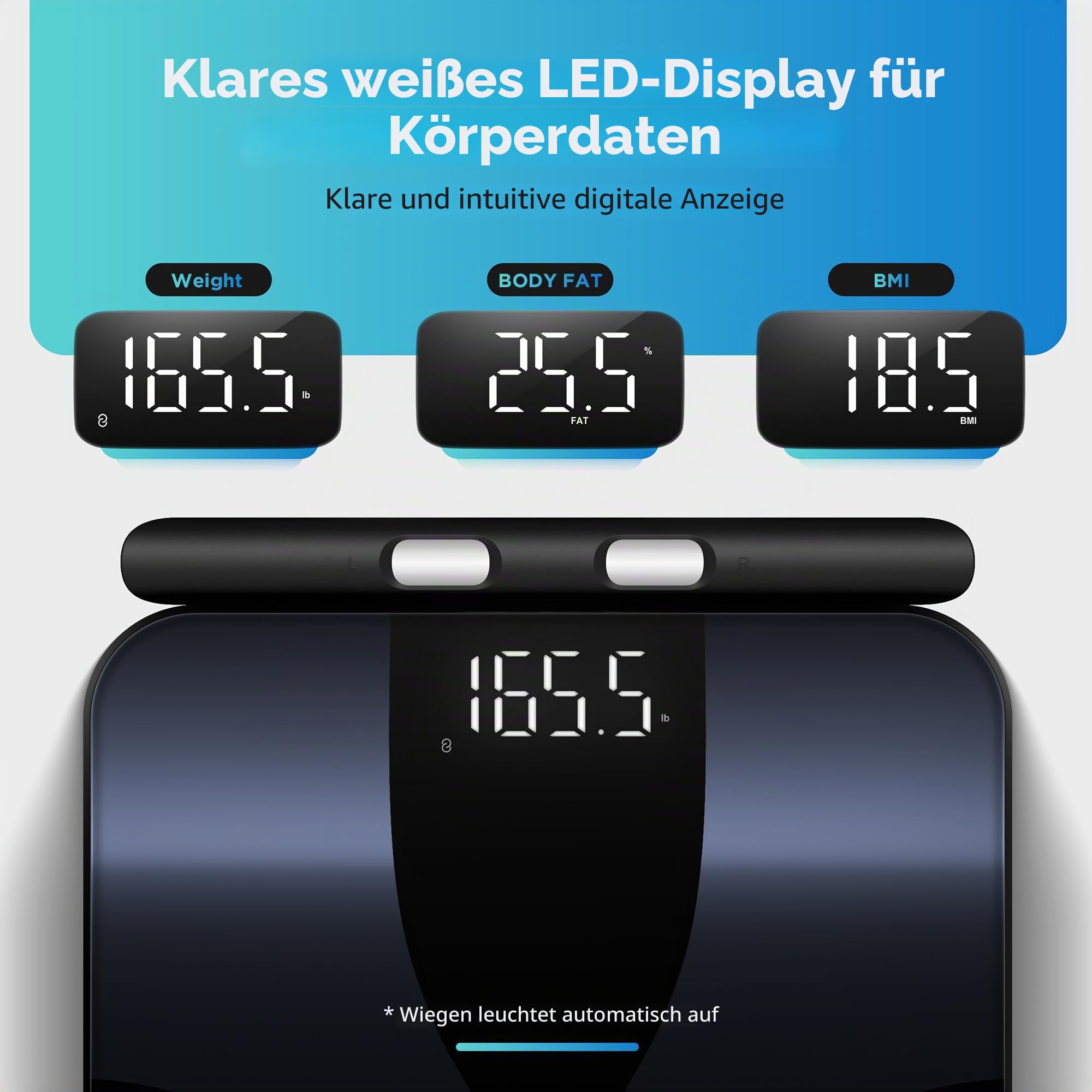 Posture Körperfettwaage, Personenwaage Digitale 8 Elektroden für Körpergewicht und Körperfettanteil, BMI und 28 Körpermesswerte, Großer Plattform Intelligente Badezimmerwaage mit LED-Display