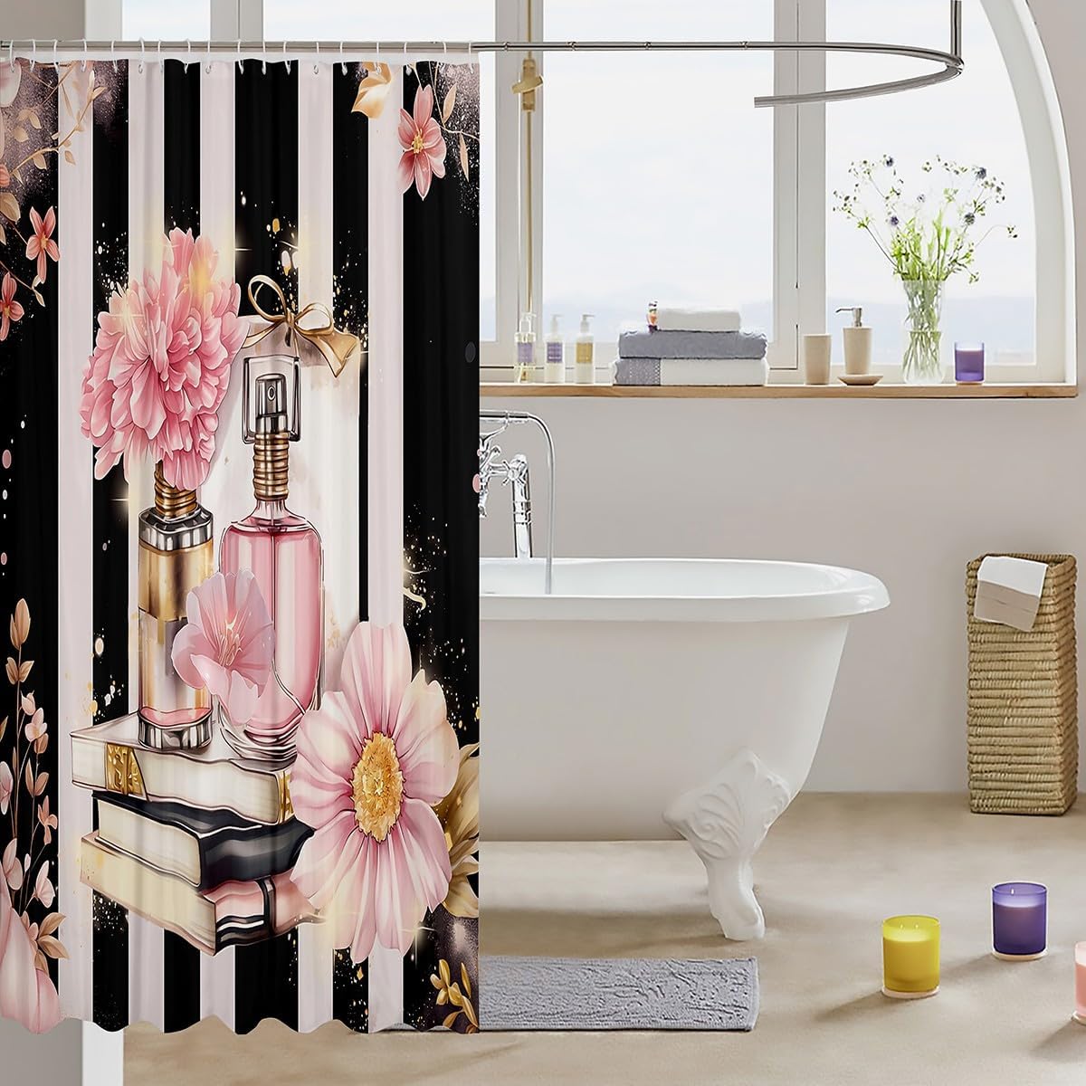 Erosebridal Pink Floral Shower Curtain Modern Fashion Girly Bath Curtain Romantic Makeup Themed Bathroom Decor Black White Stripe Waterproof Curtain Women Perfume Print Curtain,72" W x 78" L