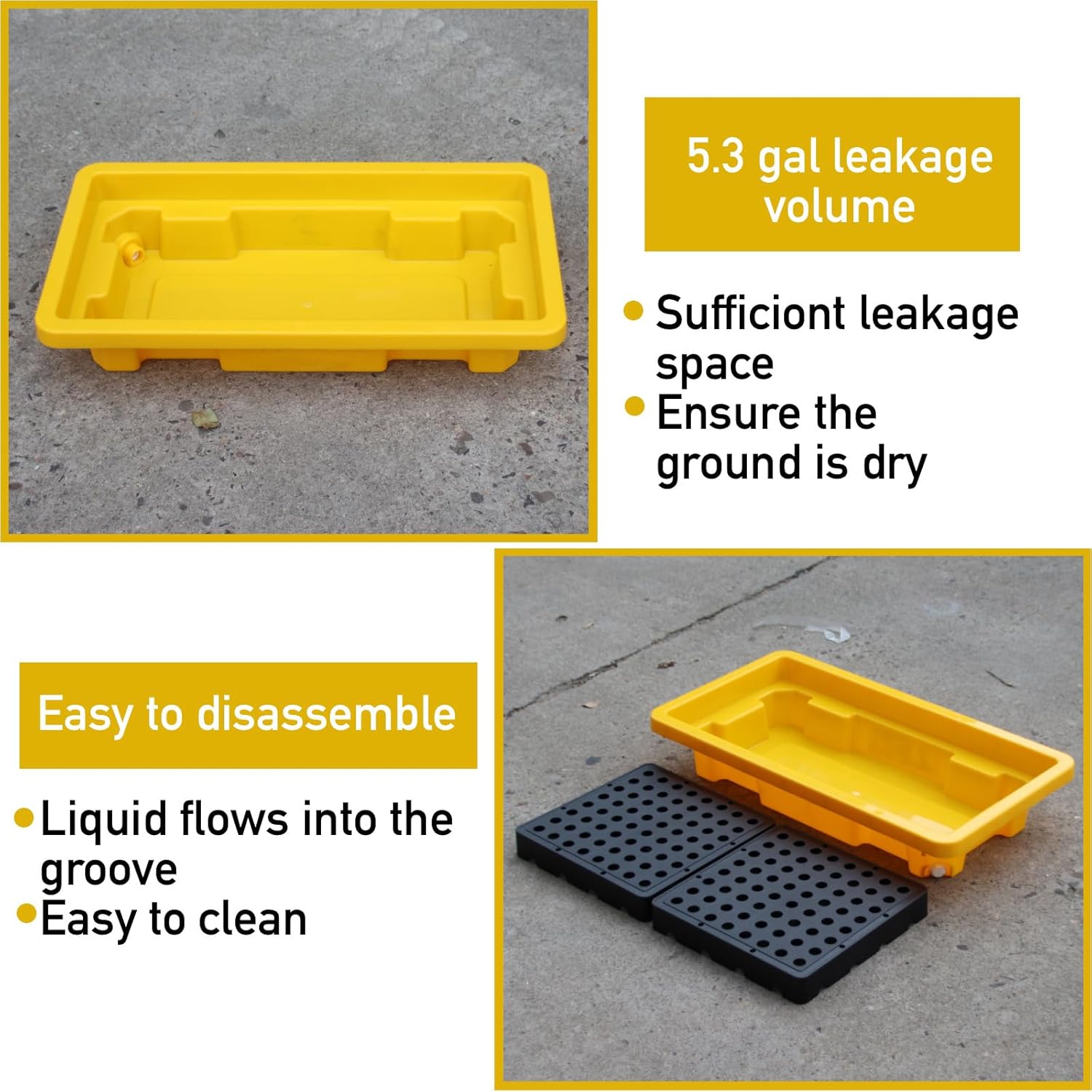 Polyethylene 2 Drum Spill Containment Pallet with Drain Outlet, 26”x14”x4.7” Leakproof Platform, 2000lbs Load Capacity Stackable Detachable Tray for Garage, Kitchen, Basement & Industrial Storage
