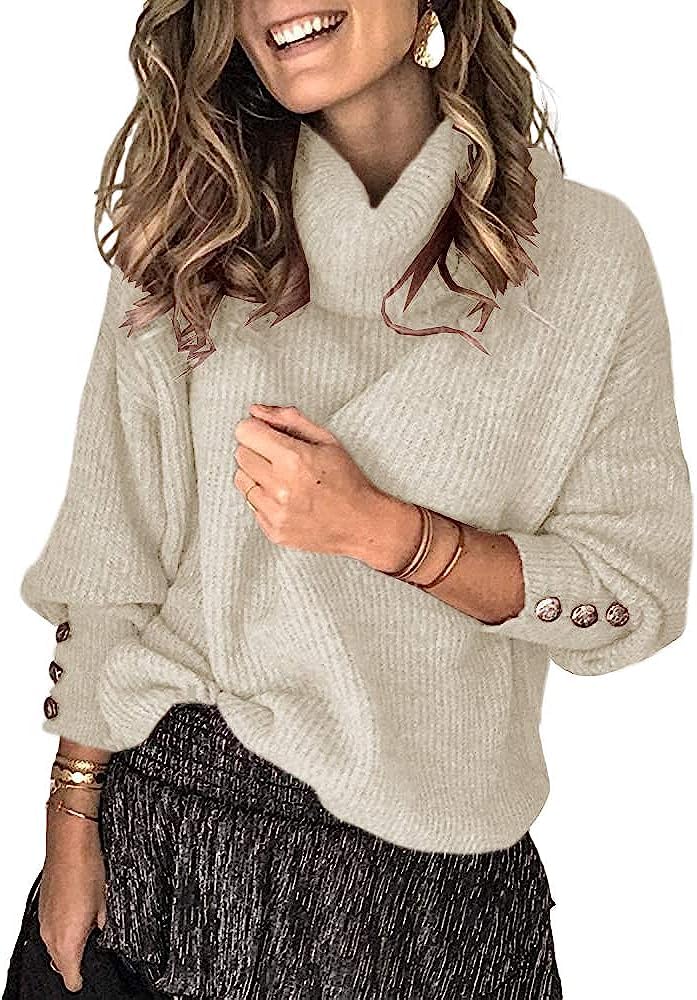 Wenrine Damen Rollkragen Pullover Oversized Winter Strickpullover | Langarm,Casual,Warm Pulli,Lose,Gestrickt,Sweater,mit Metallknöpfen