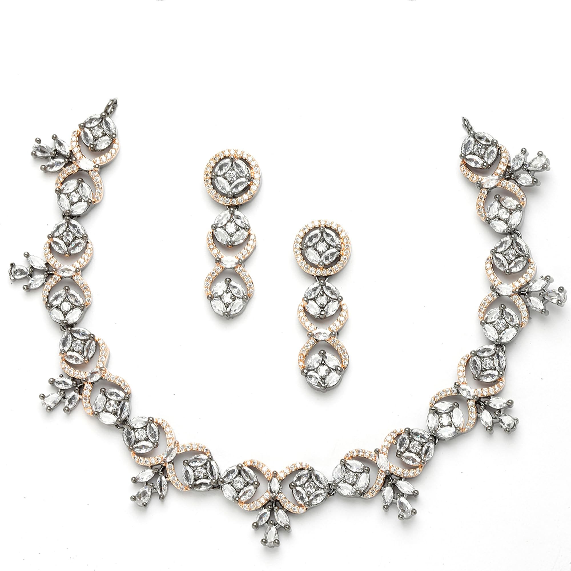 ZENEME Artistically Design Round Rhodium Plated White American Diamond Studded Necklace With Earring Jewellery For Women and Girl (Rose Black) (B0BQMGYXRG) Amazon Price History, Amazon Price Tracker