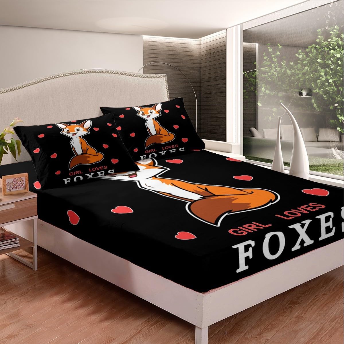 Girls Fox Fitted Sheet Kids Cute Woodland Fox Bed Sheet Set for Children Women Bedroom Cartoon Wild Animal Decor Bedding Set Fox Lover Bed Cover Full Size with 2 Pillow Case