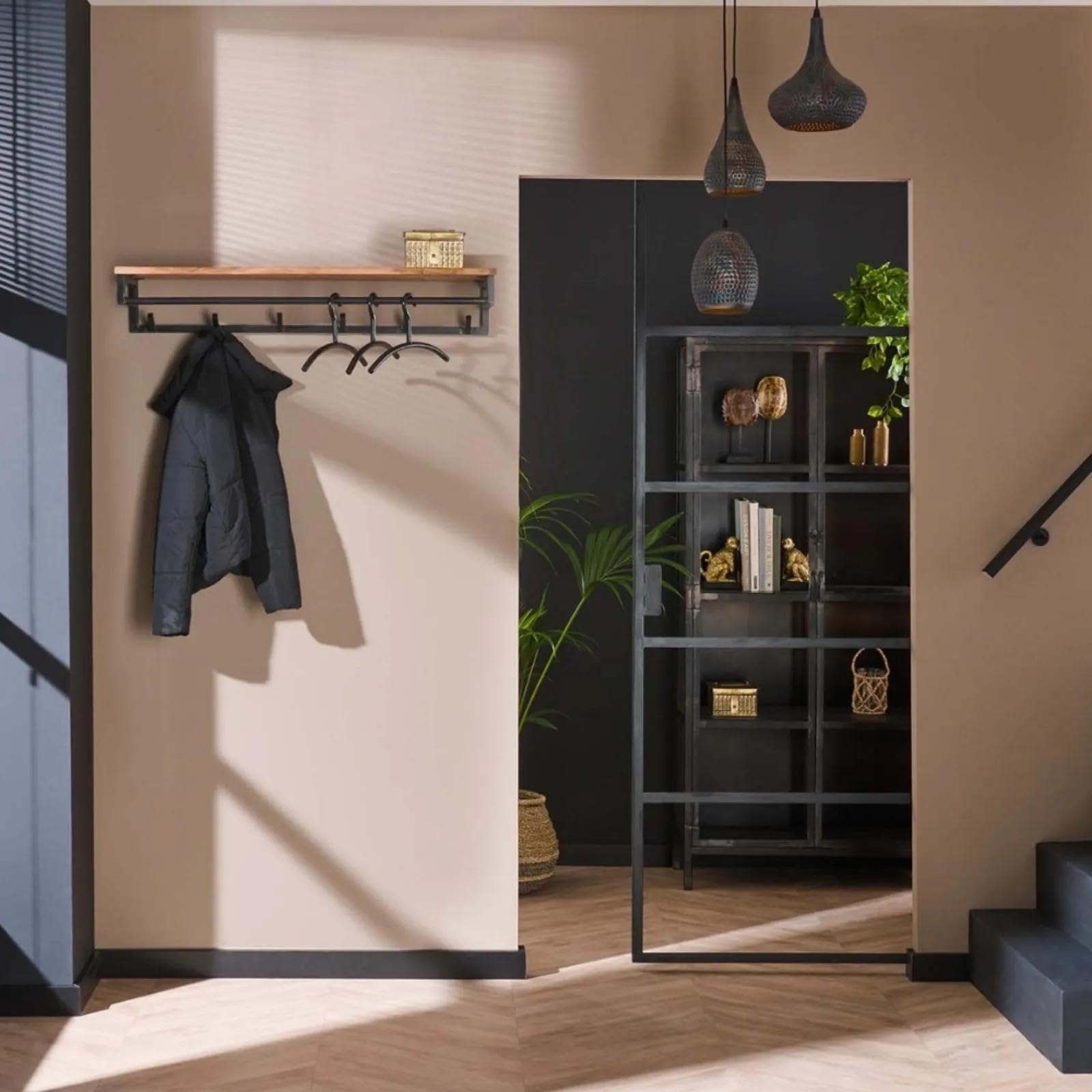 RINGO-Stilische Wandgarderobe mit 6 Haken & Ablage, Rustikales Holz & Metall, Industrial Flurregal
