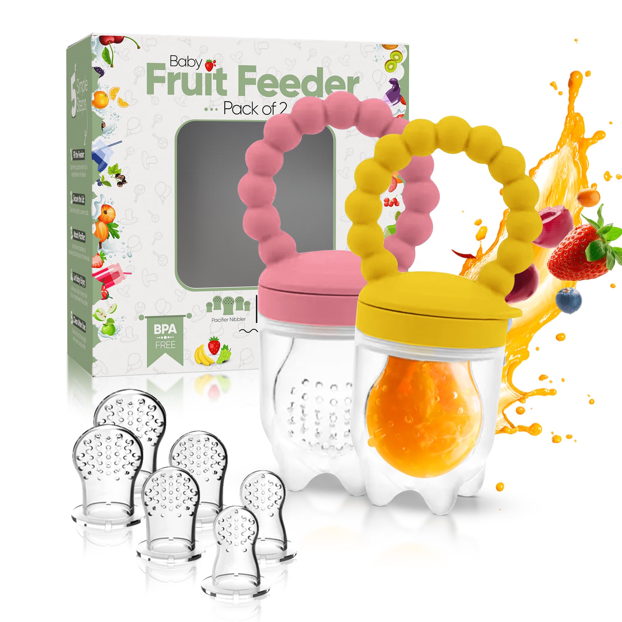 O’doe Baby Fruit Feeder | Teething Dummy & Baby Food Feeder Pacifier with 2 Feeder and 6 Nipples | BPA-Free, Food-Grade Fruit Feeder for Babies | Weaning Dummy Fruit Nibbler for Baby’s First Foods