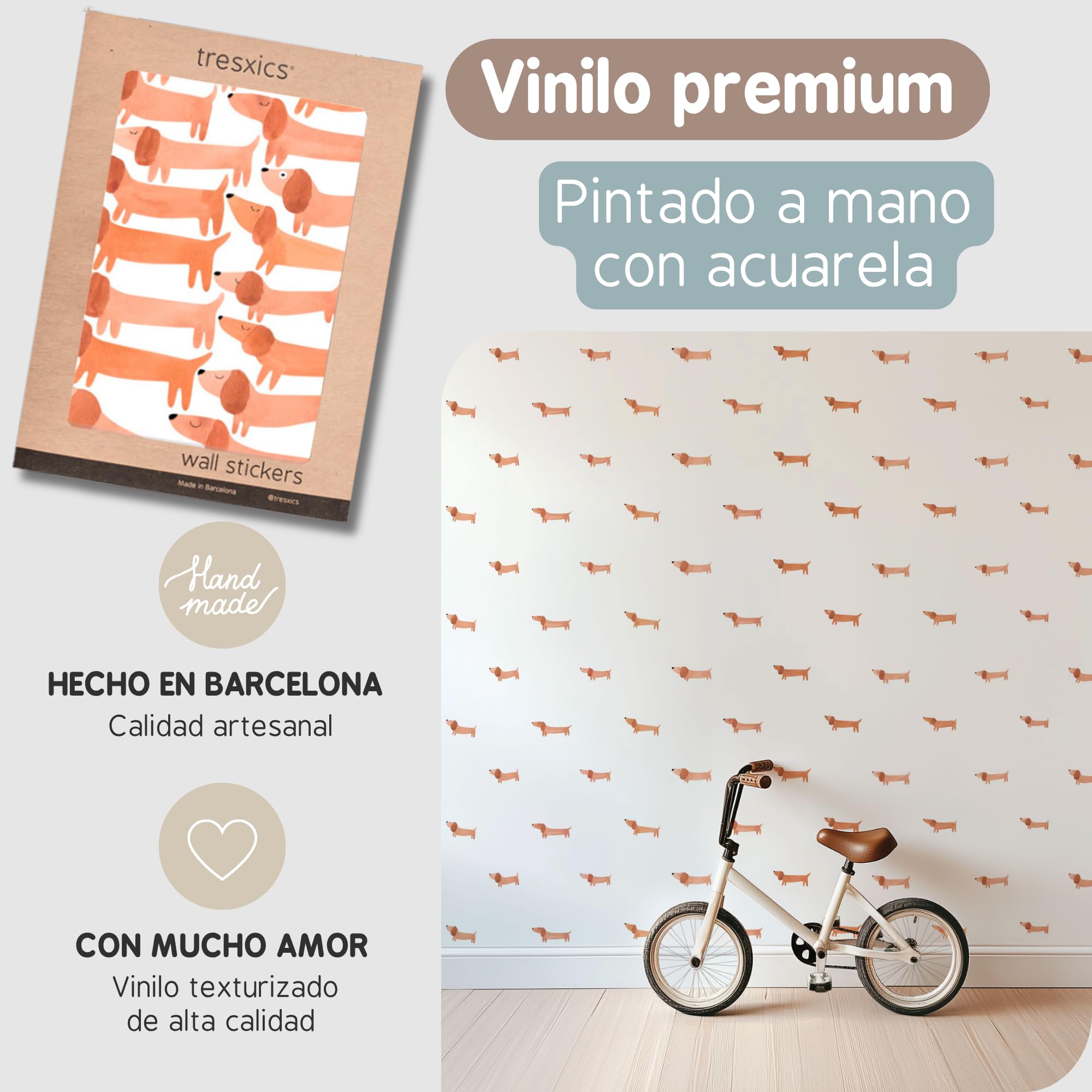 Pegatinas Pared Decorativas Infantiles Perro Teckel | 6 Láminas, 96 Perros Adhesivos | Vinilo Adhesivo Pared | Efecto Papel Pintado | Cubre 9 m² | TRESXICS (Marrón)