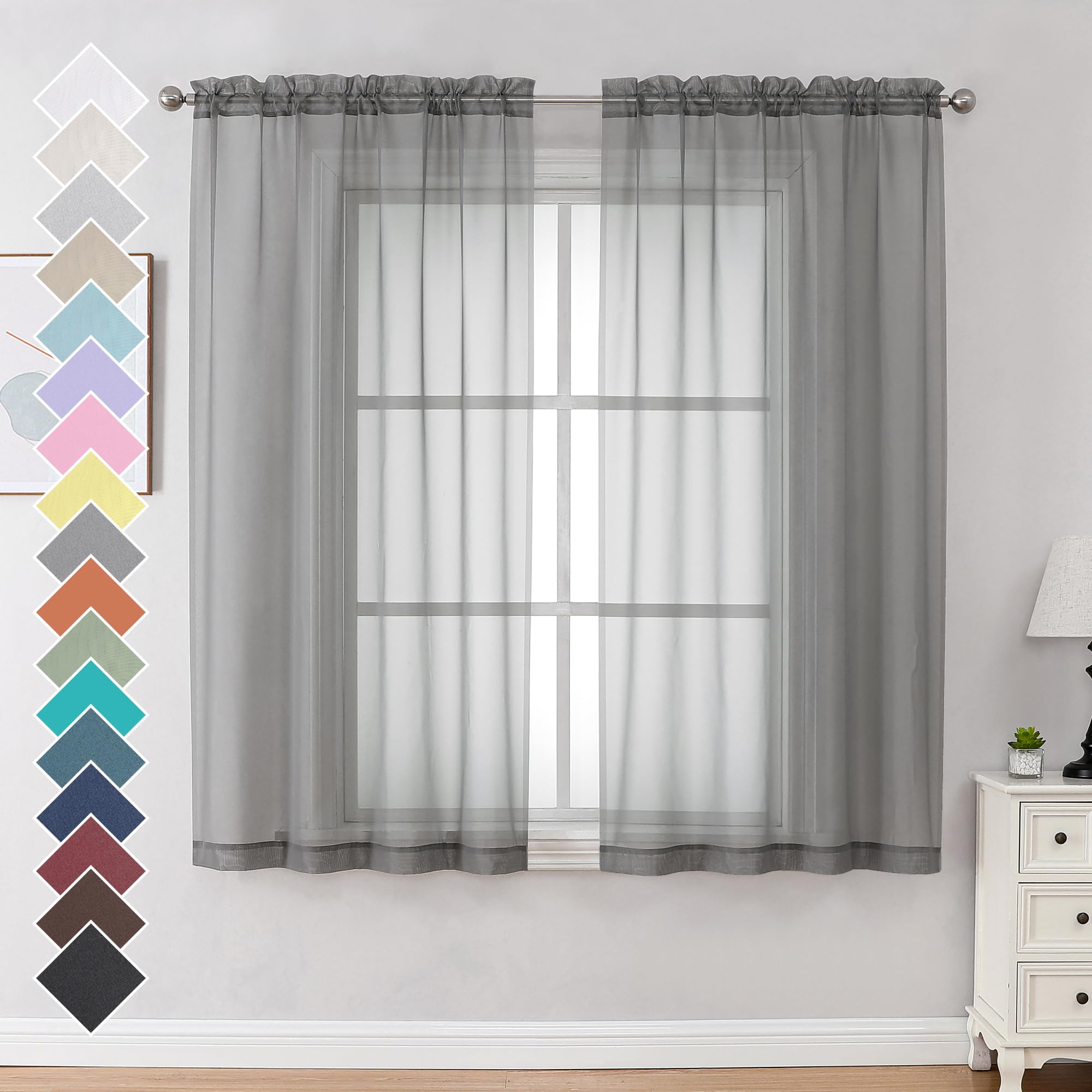 OVZME Sheer Curtains, 63 Inch Long, with Rod Pocket, Lightweight, Soft, Voile Curtains for Basement, Bathroom, Bedroom, Living Room, Each 42 x 63 Inch (W x L), 2 Pieces