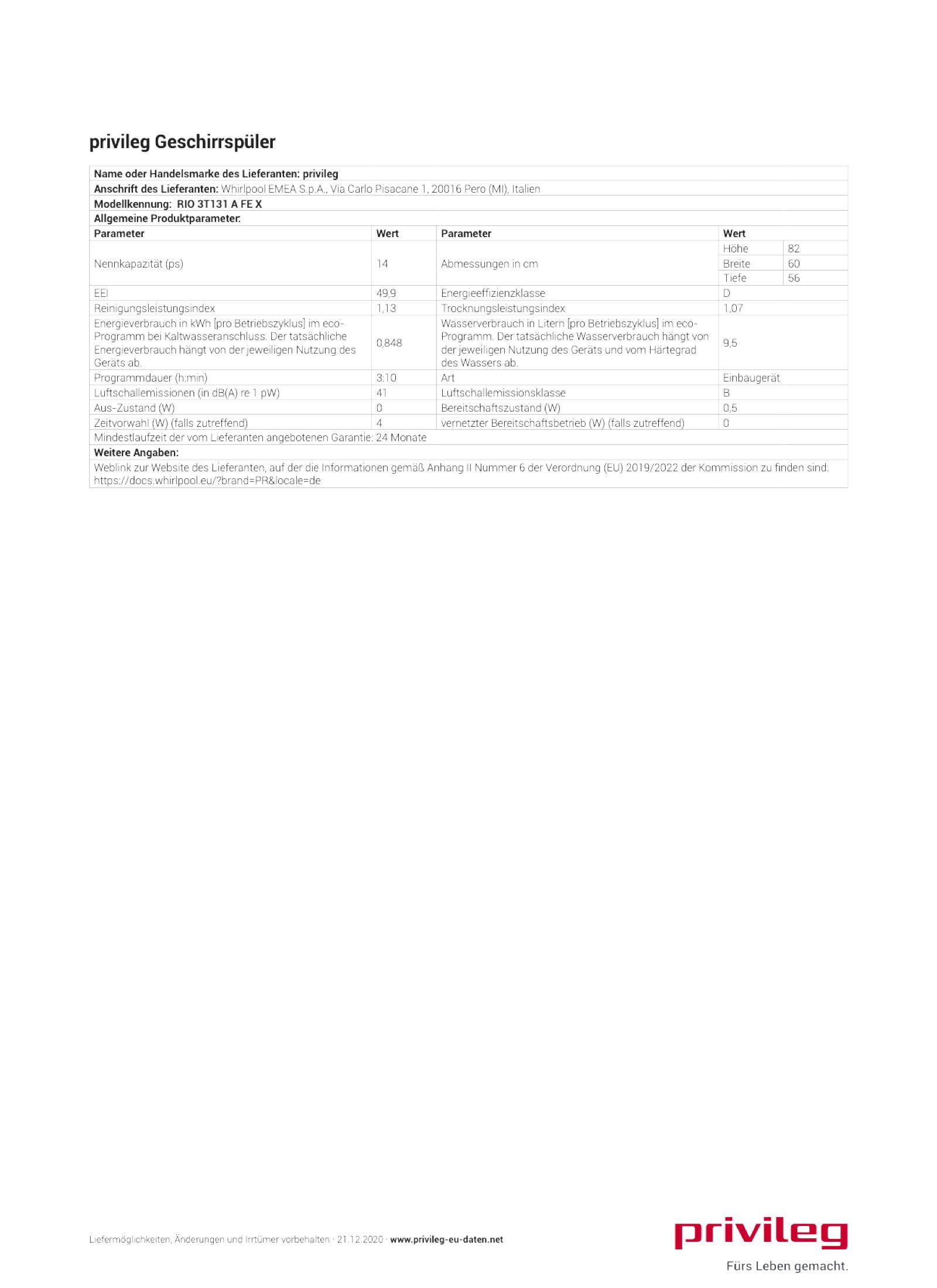 Privileg RIO 3T131 A FE X Vollintegrierbarer Geschirrspüler 60 cm 14 Maßgedecke Fast&Clean 28' Auto Door Push&Go Multizone Startzeitvorwahl Vollwasserschutz Energieklasse D