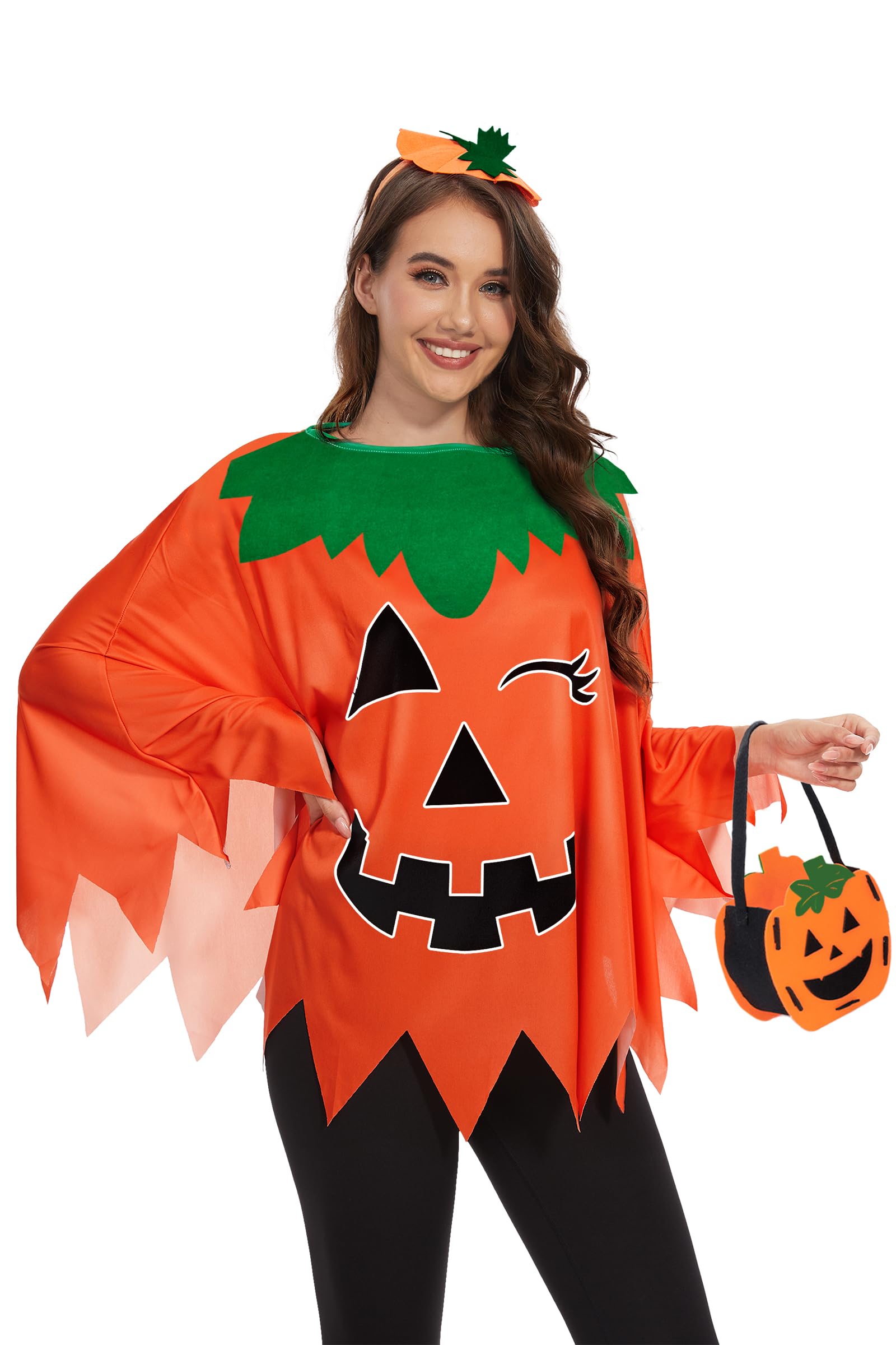 TMSD 3Pcs Women Halloween Pumpkin Glow in the Dark Poncho Orange Costume with Headband and Candy Bag, Y - Pumpkin A2 - Image 4