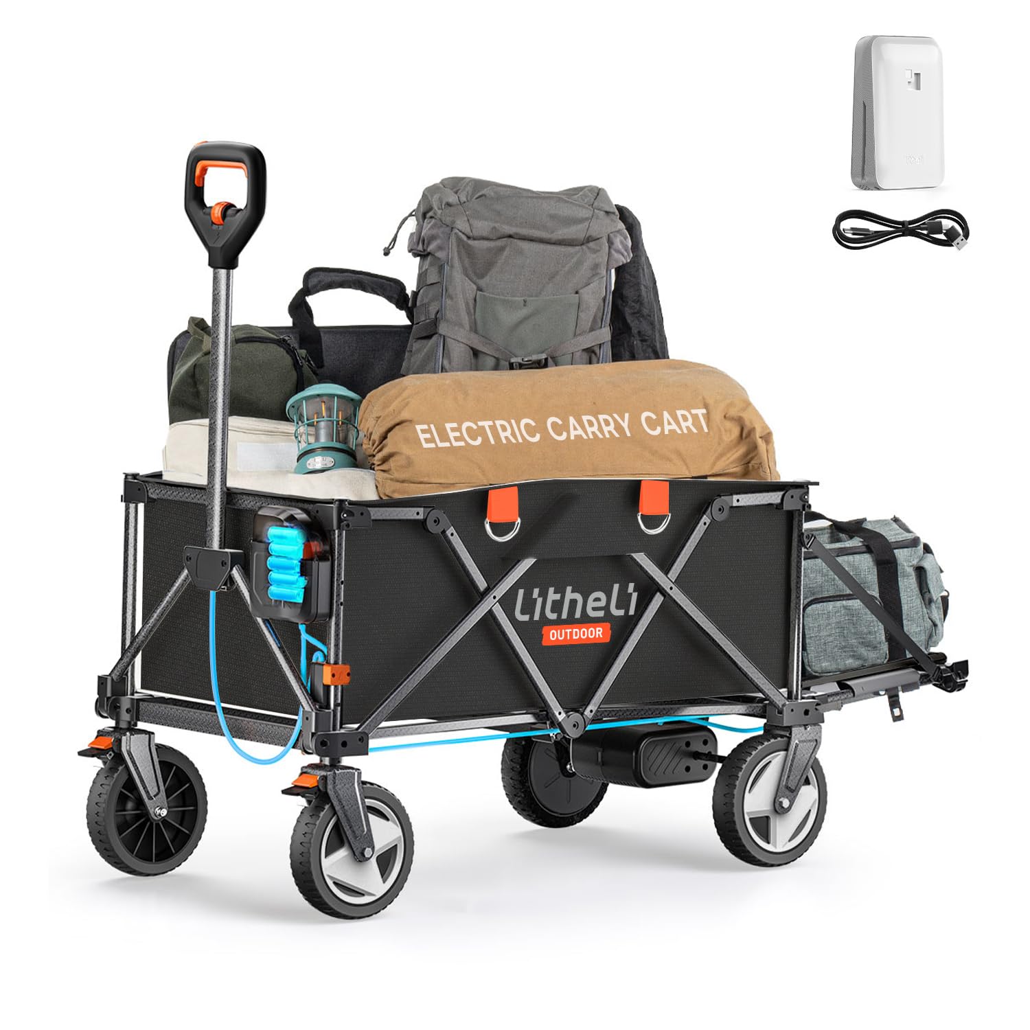 Litheli Carrello elettrico pieghevole, pieghevole, con freni, portata 200 l, 60 kg, adatto per campeggio, giardino, shopping (nero, 1 batteria)