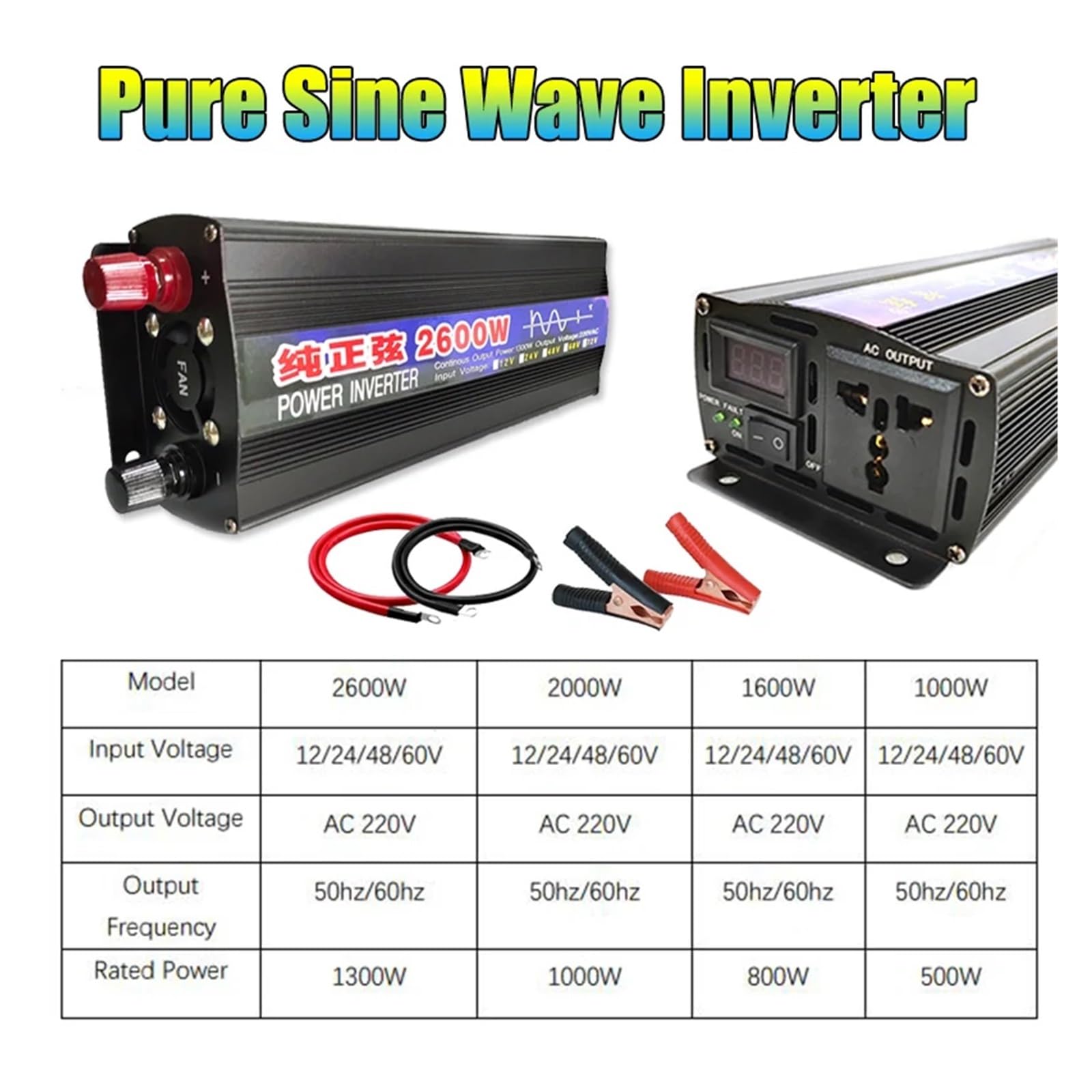 1000 W-2600 W, przetwornica napięcia, 12 V, 24 V, 220 V, przenośna ładowarka, transformator napięcia (24 V, 50 Hz, 220 V (210-230 V))