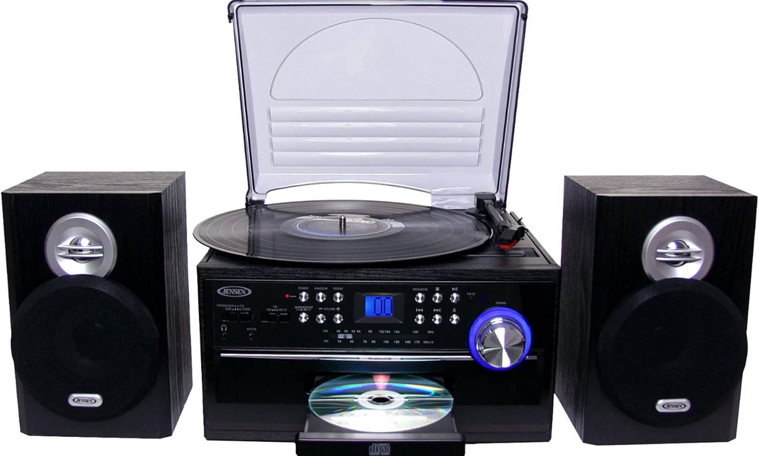 Центр с проигрывателем пластинок. Jensen jta475b. кассетный cd виниловый проигрыватель. музыкальный центр-ретро - винил, am/fm, cd аудио. hi-fi turntable stereo system.