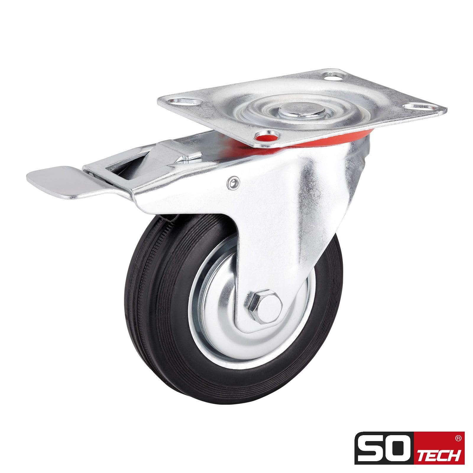 SOTECH 4 piezas Ruedas de transporte RED Ø 125 mm (2x ruedas giratorias, 2x ruedas giratorias con freno) Altura 151 mm Placa atornillada 100 x 82 mm Capacidad de carga 440 Kg