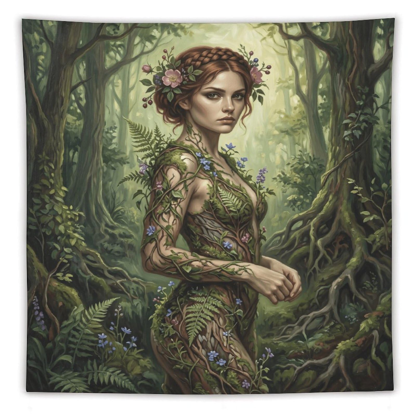 W7C8U2X3 Green Forest Goddess Wall Tapestry, Botanical Watercolor Style