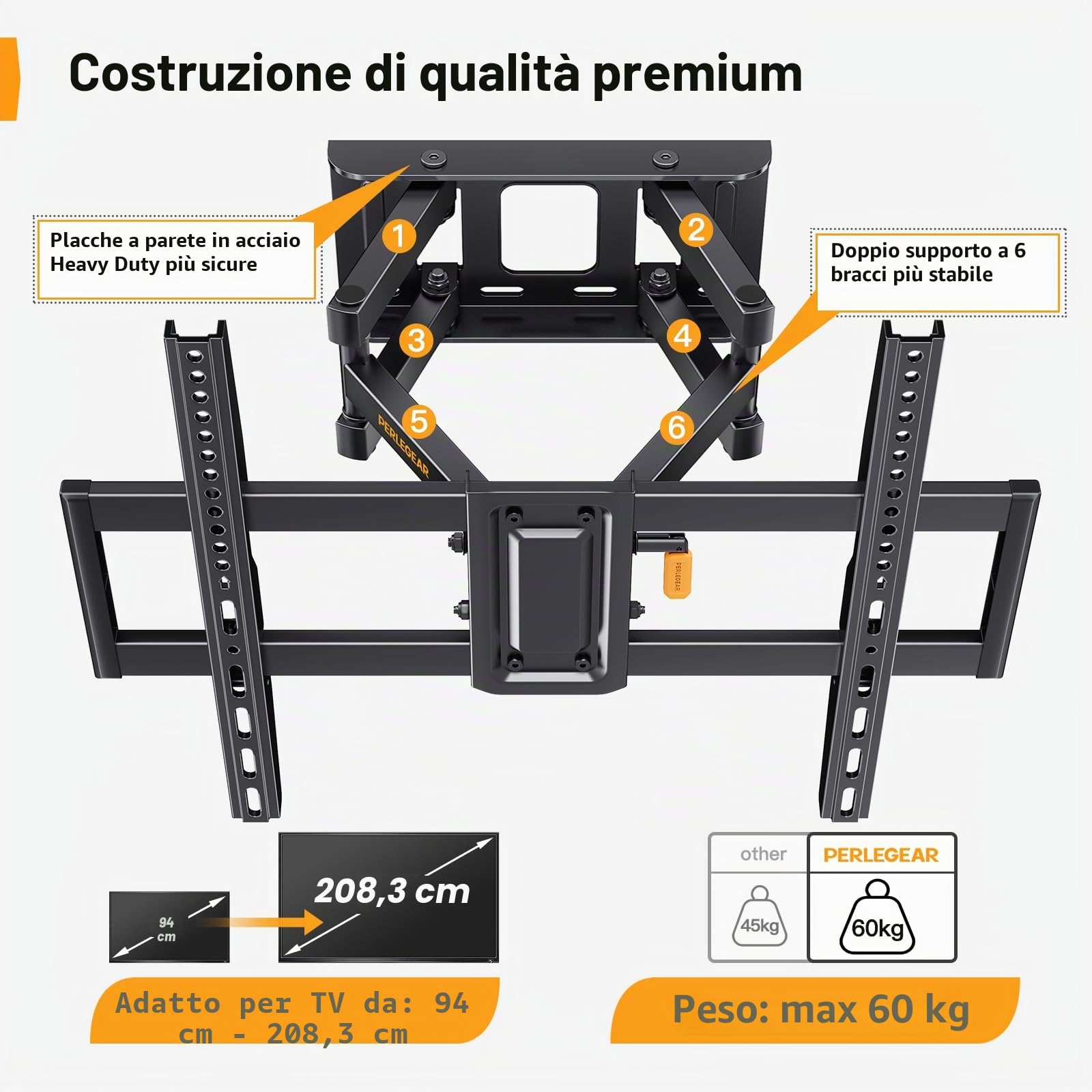 Perlegear Supporto TV Parete 37-82 Pollici Girevole Inclinabile Estendibile, Braccio Ultra Resistente 60kg VESA 200x100-600x400mm