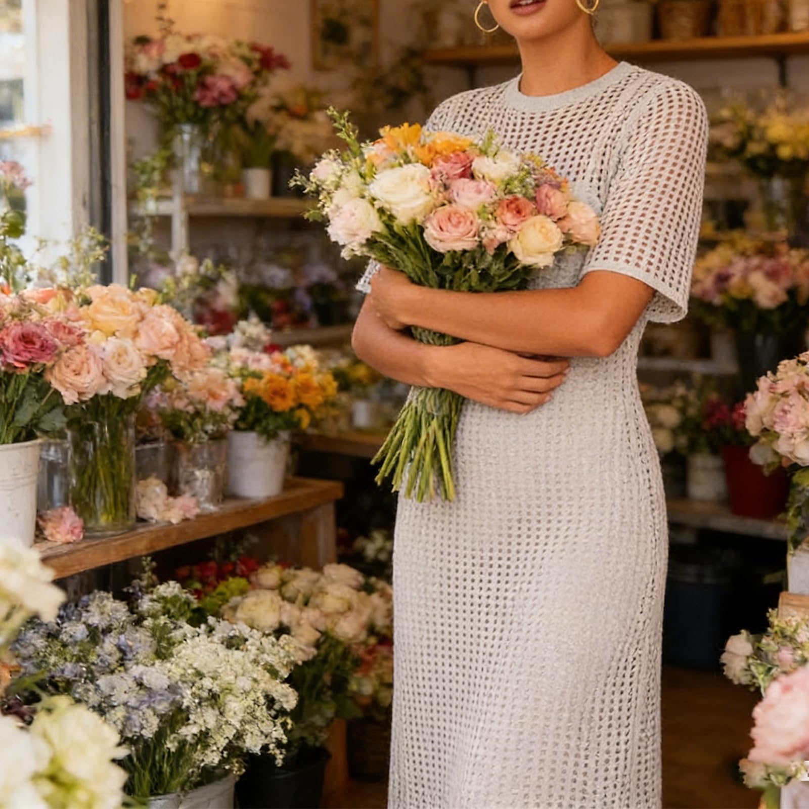 Generisch Elegante maxi abito a due strati in maglia con motivo bucato, maxi abito all'uncinetto, design Hollow-Out, copricostume, con sottoveste
